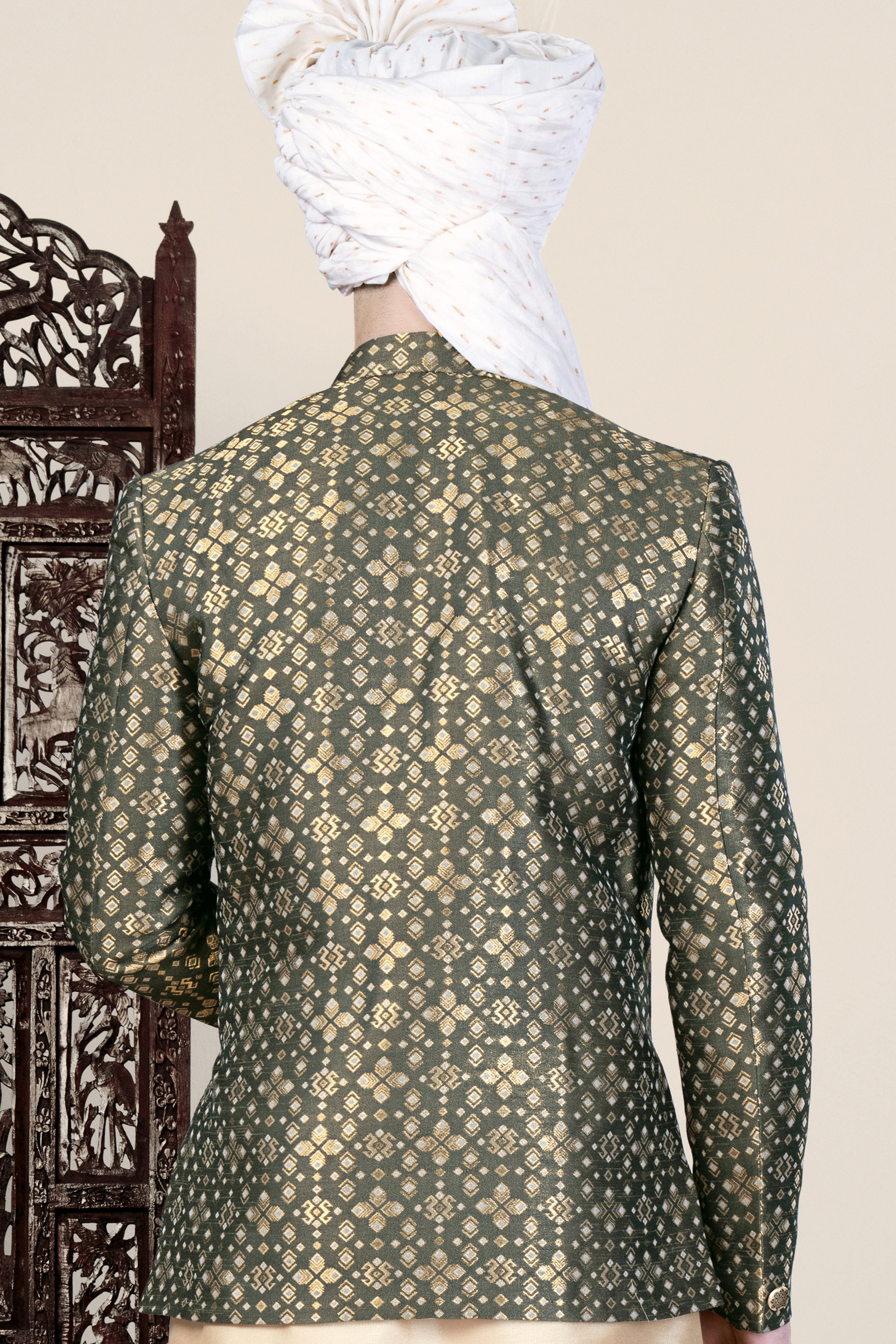 Kelp Green and Fawn Brown Jacquard Weave Cross Buttoned Bandhgala Jodhpuri BL3499-CBG-36, BL3499-CBG-38, BL3499-CBG-40, BL3499-CBG-42, BL3499-CBG-44, BL3499-CBG-46, BL3499-CBG-49, BL3499-CBG-50, BL3499-CBG-52, BL3499-CBG-54, BL3499-CBG-56, BL3499-CBG-58, BL3499-CBG-60