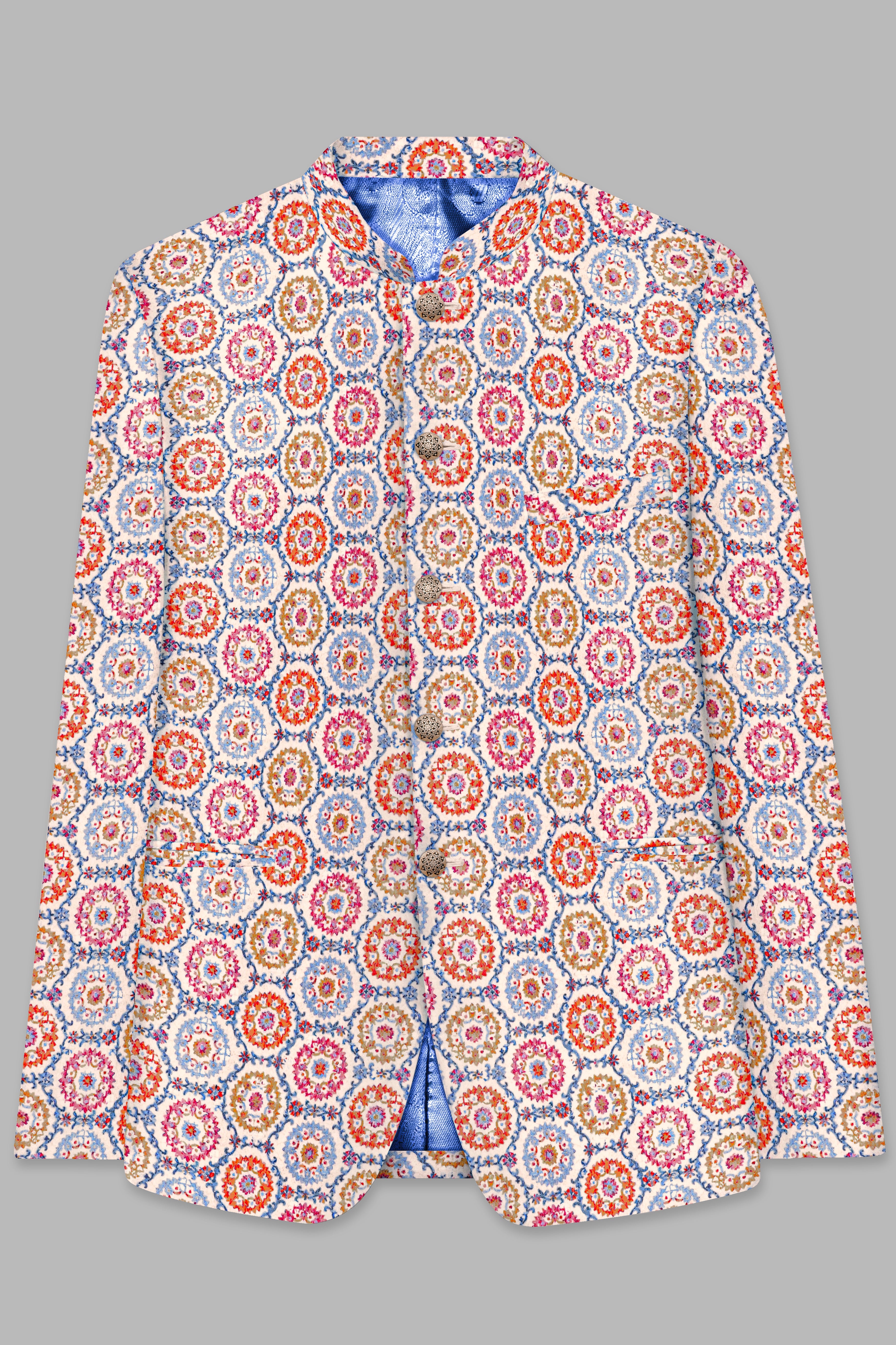 Bright White And Cyan Blue Multicolour Thread Embroidered Bandhgala Jodhpuri