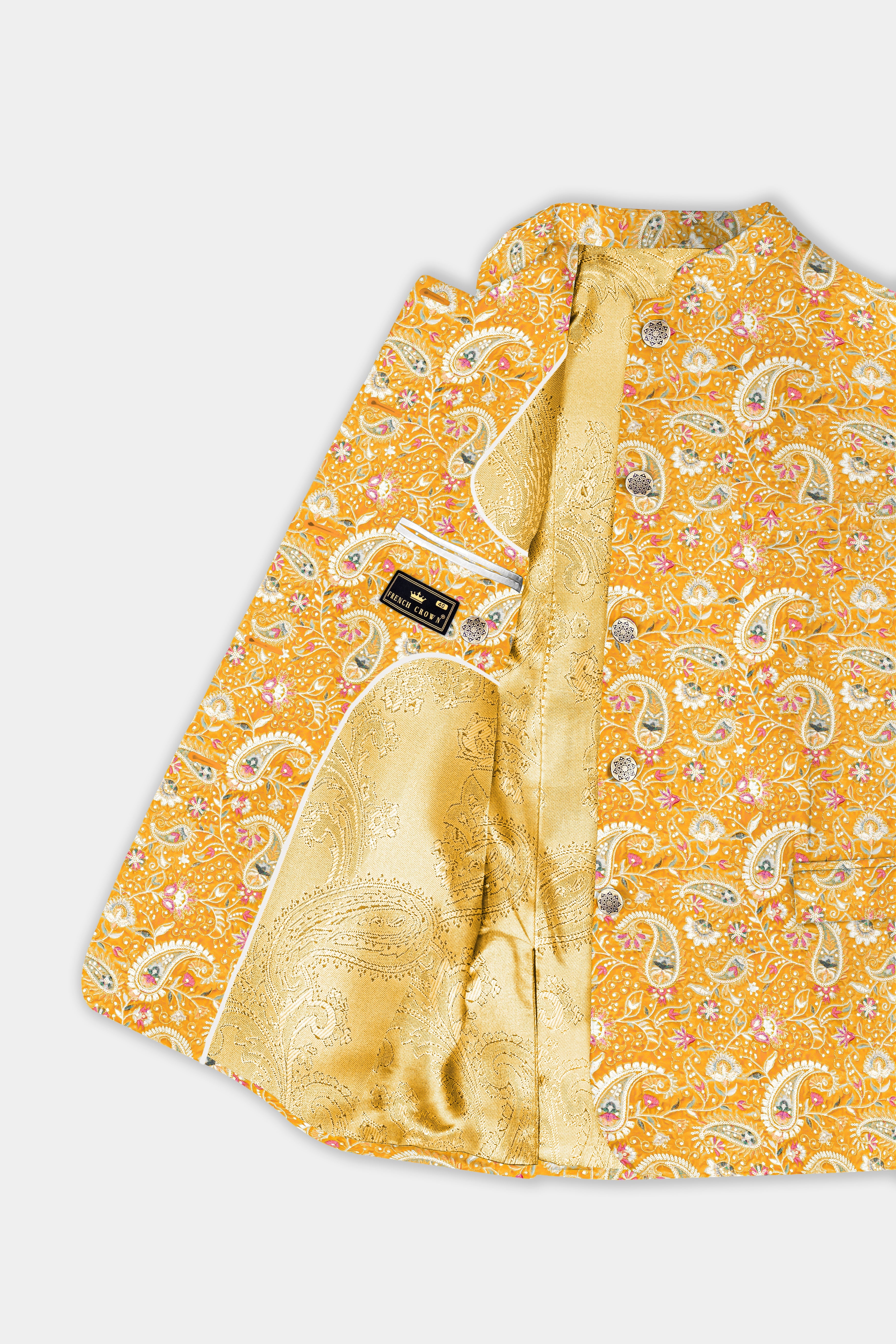 Firebush Yellow Velvet Floral Thread Embroidered Bandhgala Jodhpuri