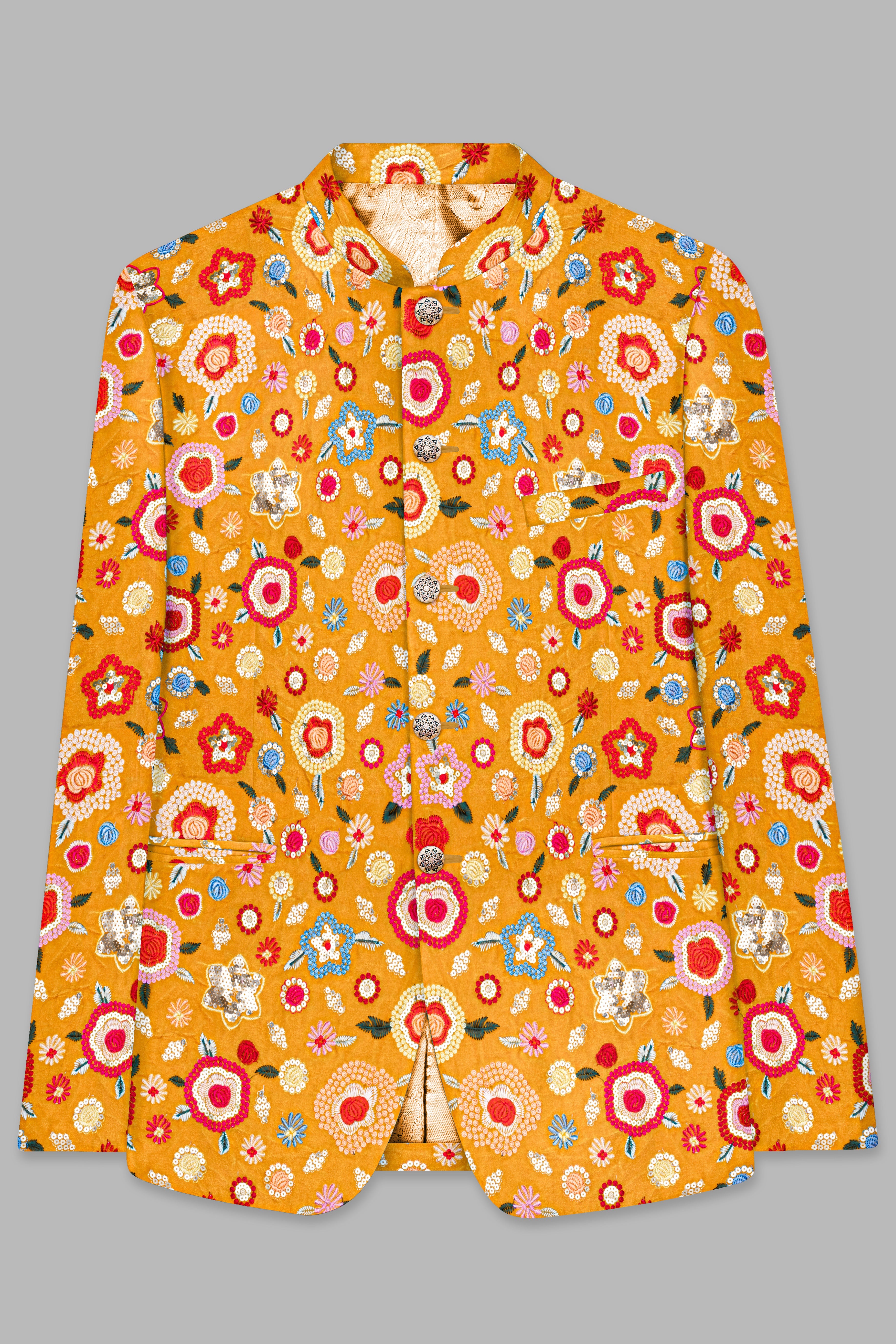 Tangerine Yellow And Alizarin Red Velvet Floral Thread Embroidered Bandhgala Jodhpuri