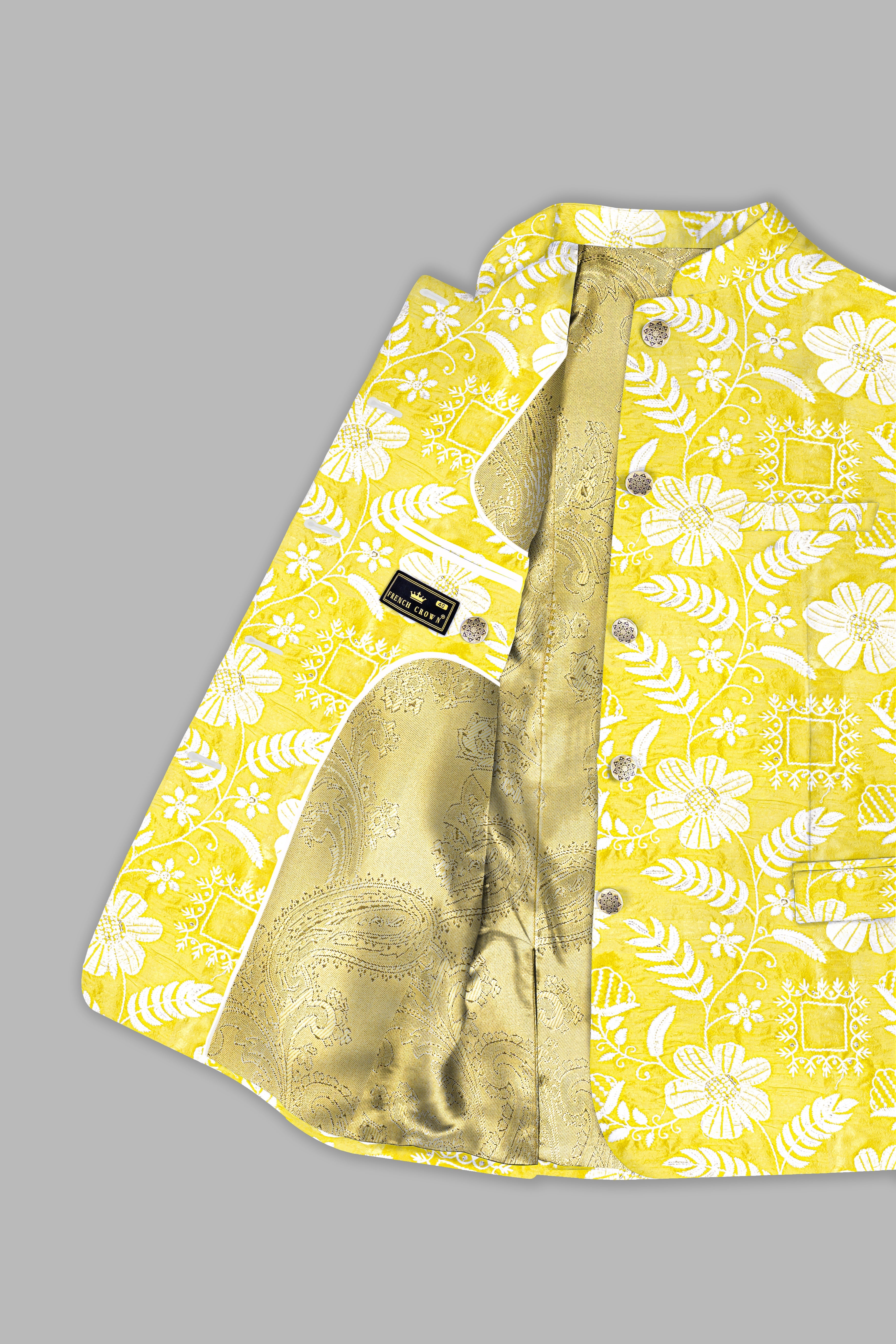 Dandelion Yellow And Bright White Floral Sequin And Thread Embroidered Bandhgala Jodhpuri