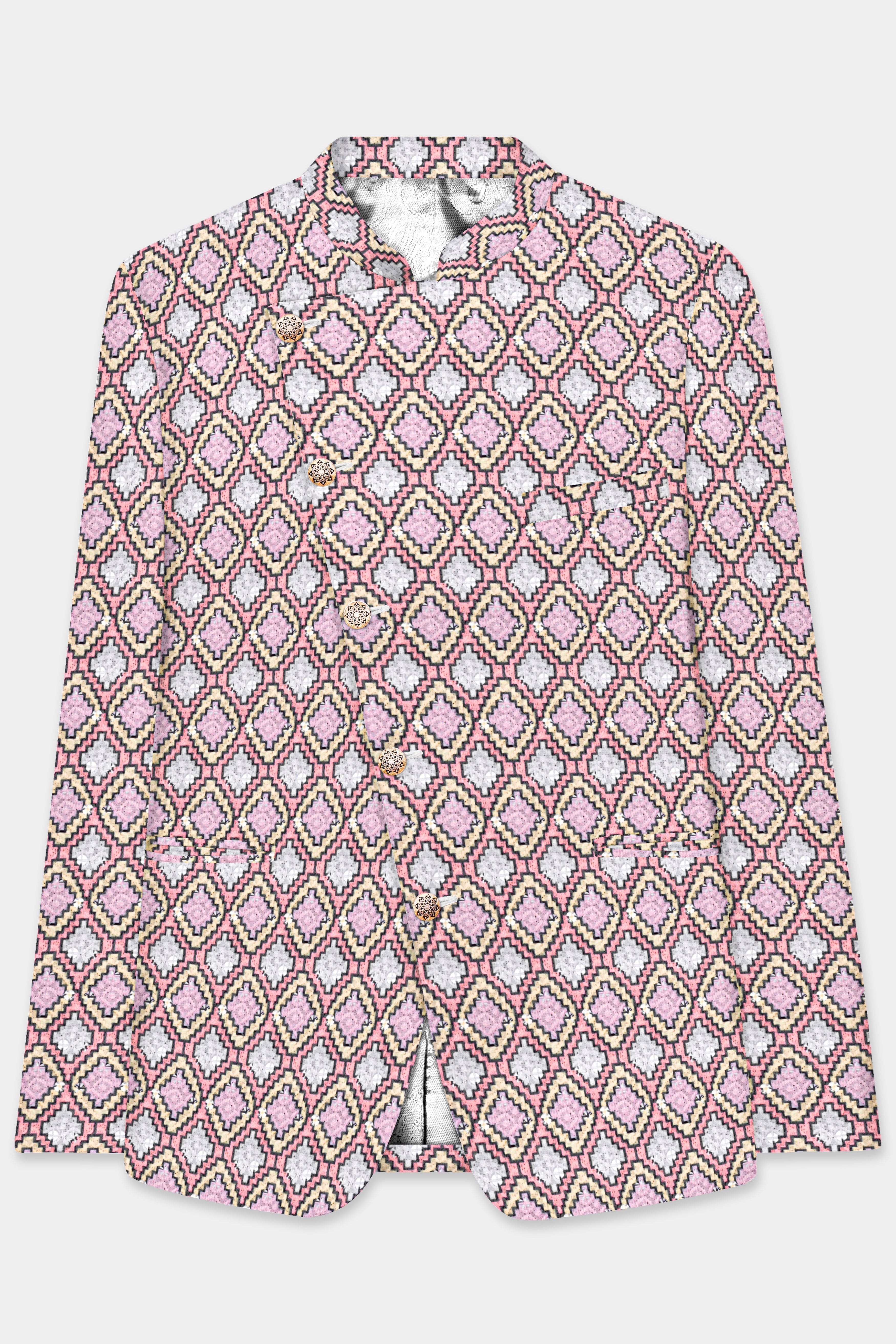 Azalea Pink And Astra Yellow MultiColour Designer Embroidered Cross Placket Bandhgala Jodhpuri