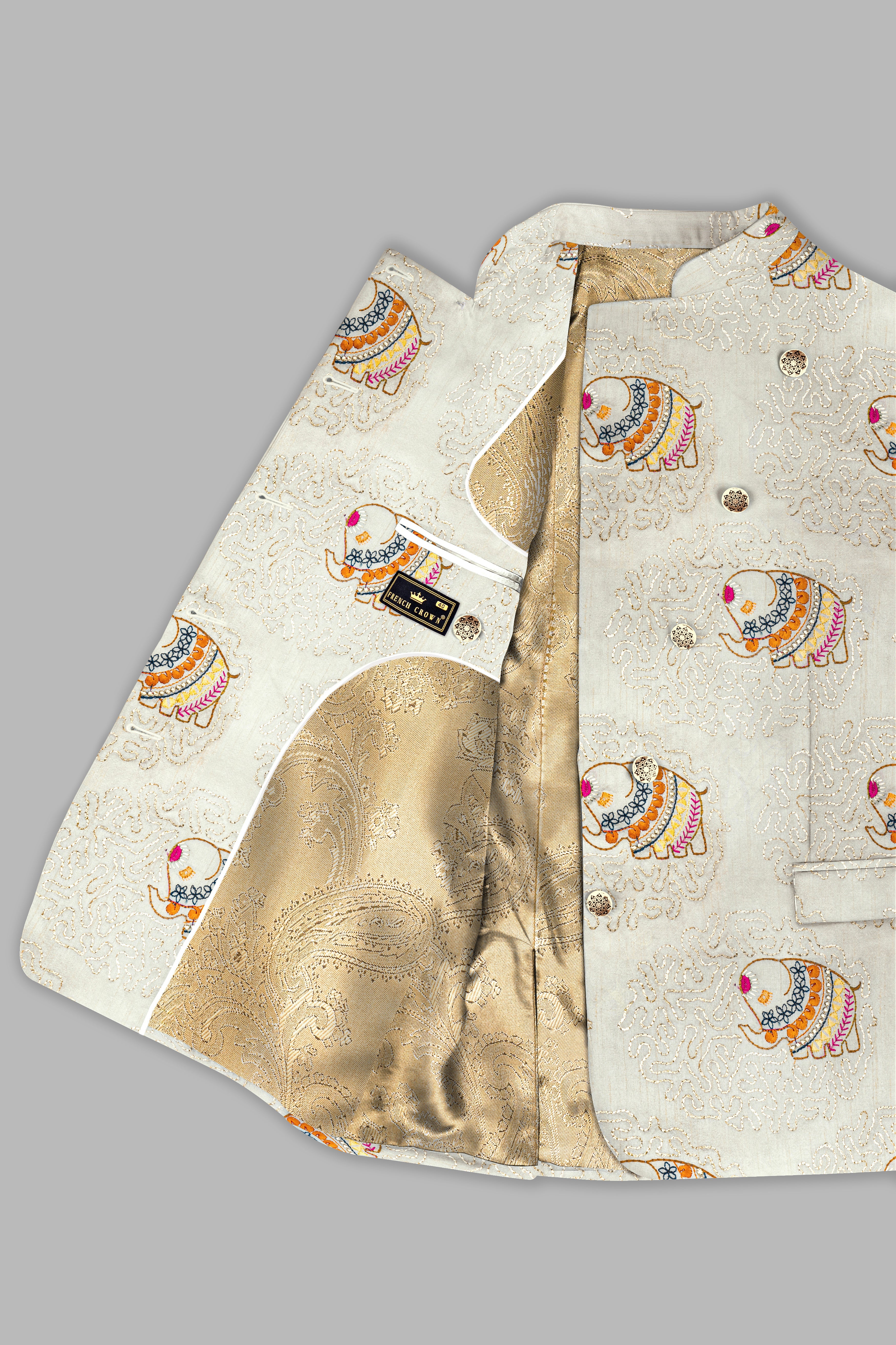 Soft Amber Cream Designer Elephant Embroidered Cross Placket Bandhgala Jodhpuri