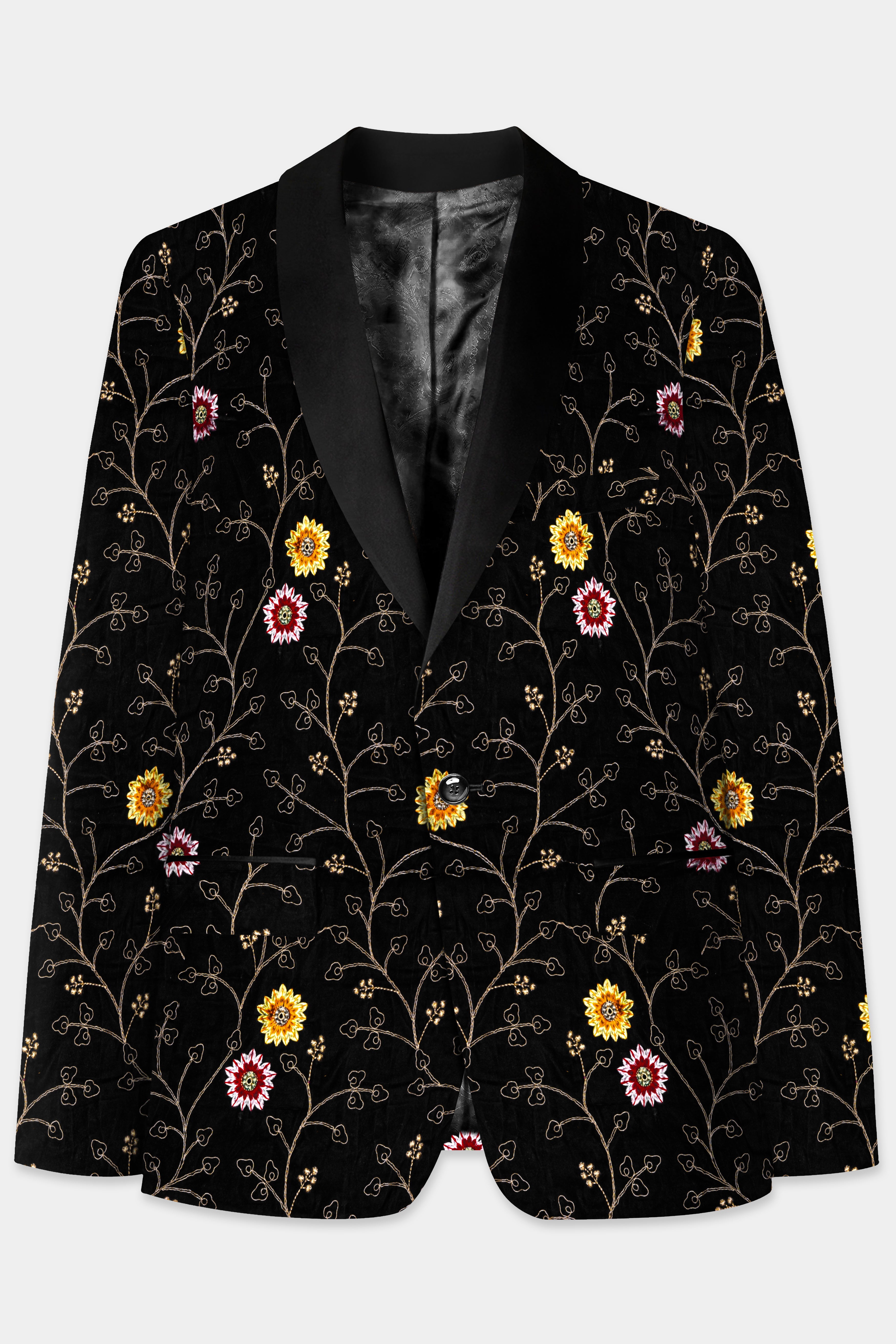 Jade Black And Sangria Red Floral Thread Embroidered Tuxedo Blazer