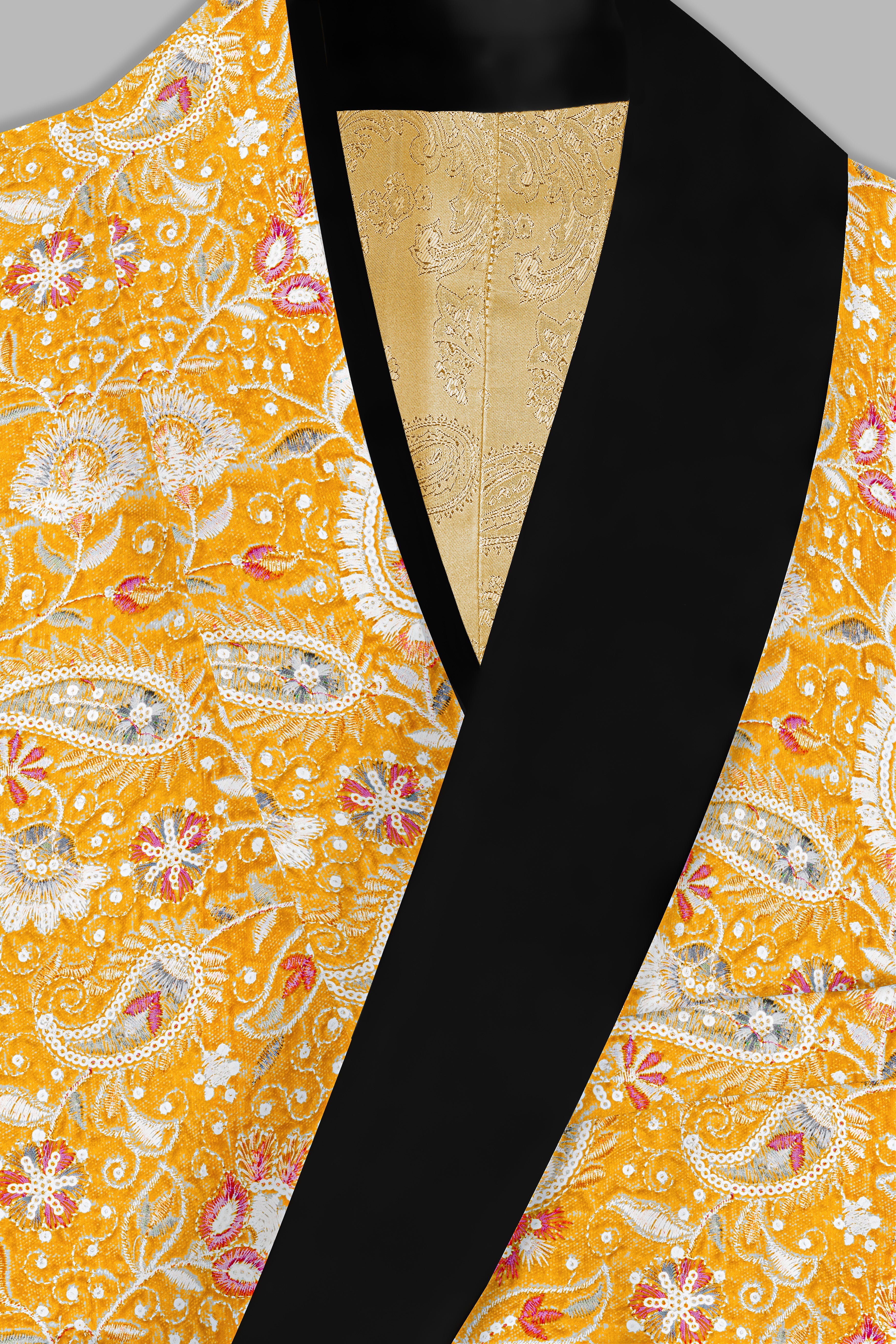 Firebush Yellow Velvet Floral Thread Embroidered Tuxedo Blazer