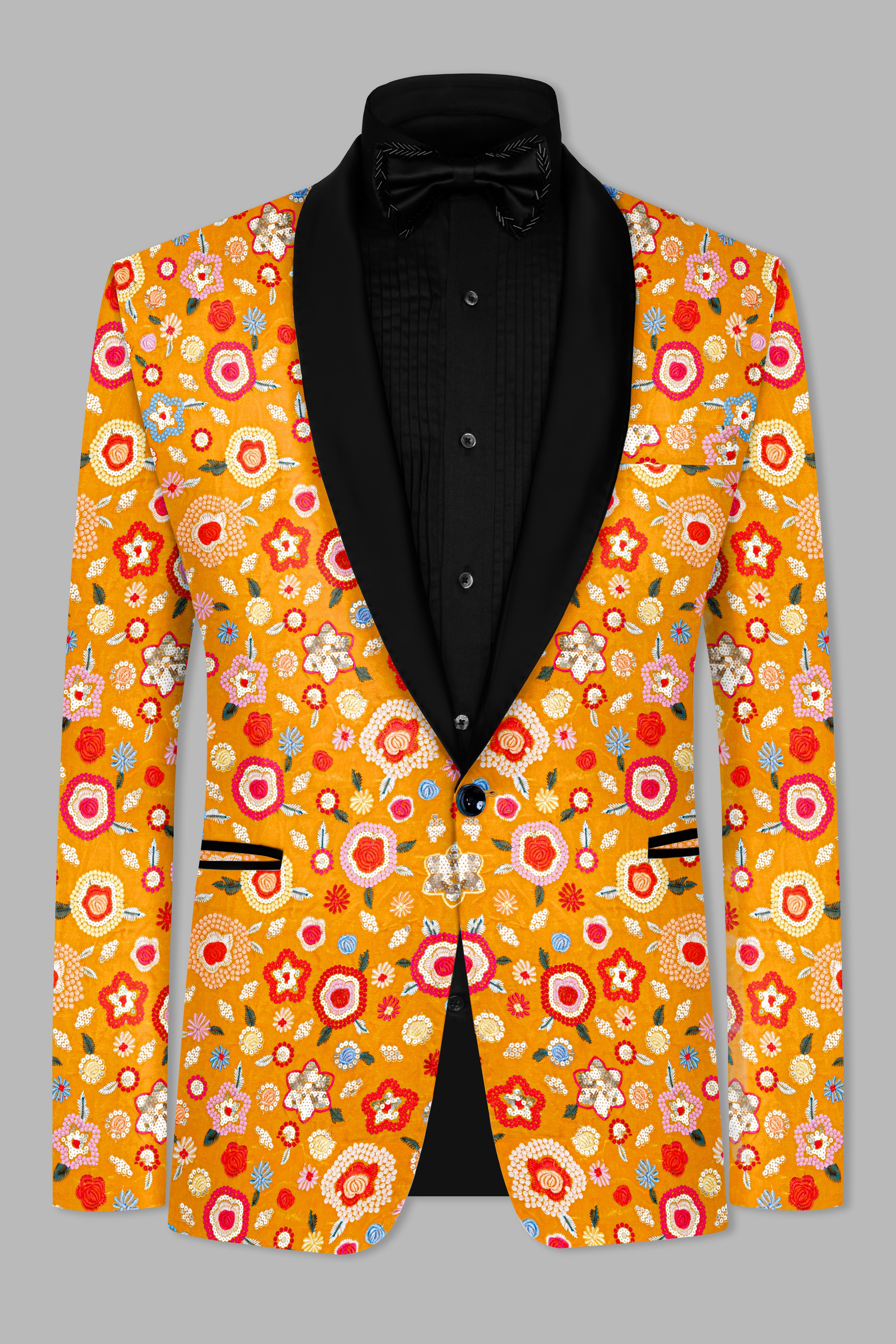 Tangerine Yellow And Alizarin Red Velvet Floral Thread Embroidered Tuxedo Blazer