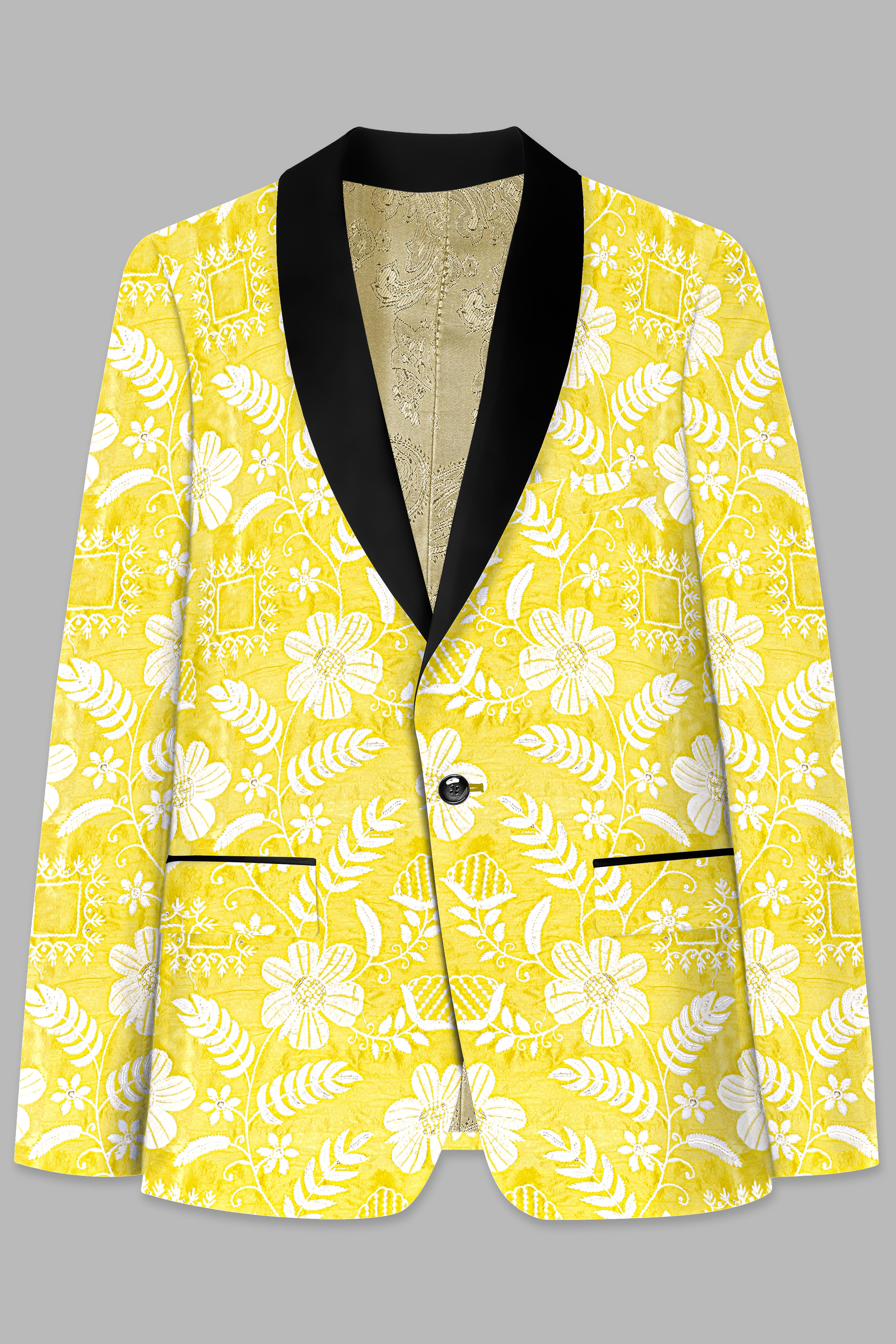 Dandelion Yellow And Bright White Floral Sequin And Thread Embroidered Tuxedo Blazer