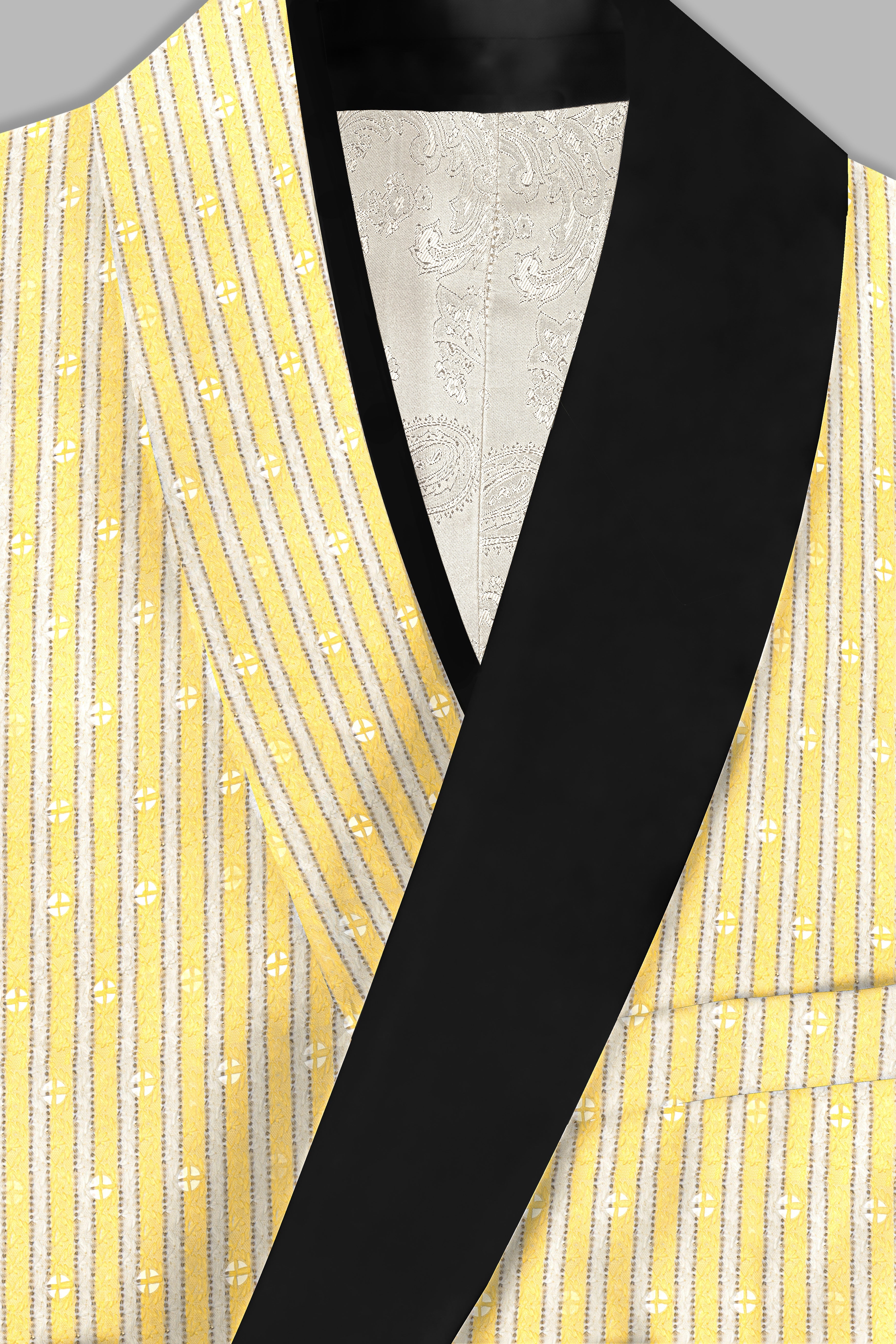 Drover Yellow And Bright White Striped Designer Thread Embroidered Tuxedo Blazer