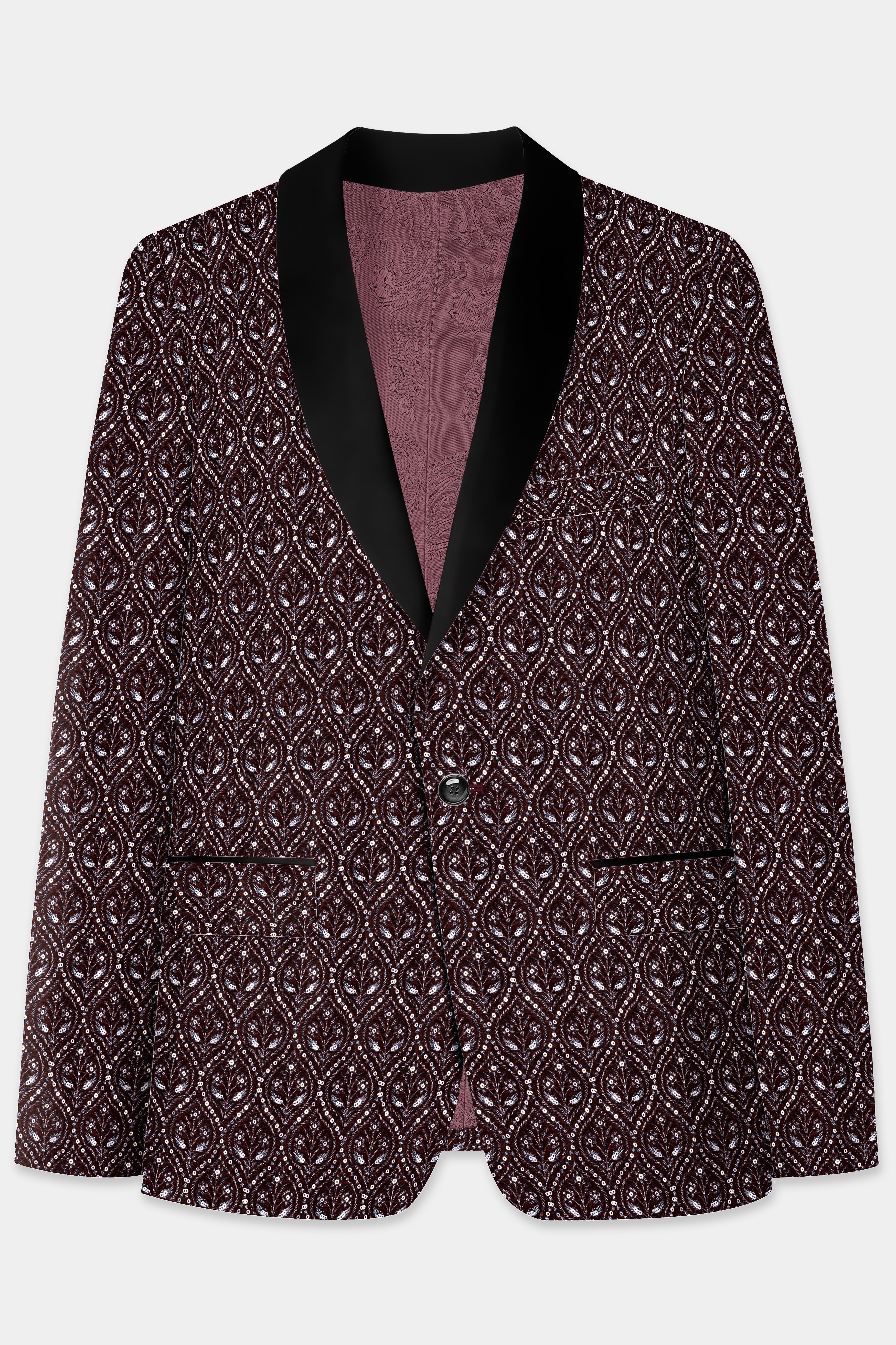 Aubergine Maroon With Sequins And Thread Embroidered Tuxedo Blazer