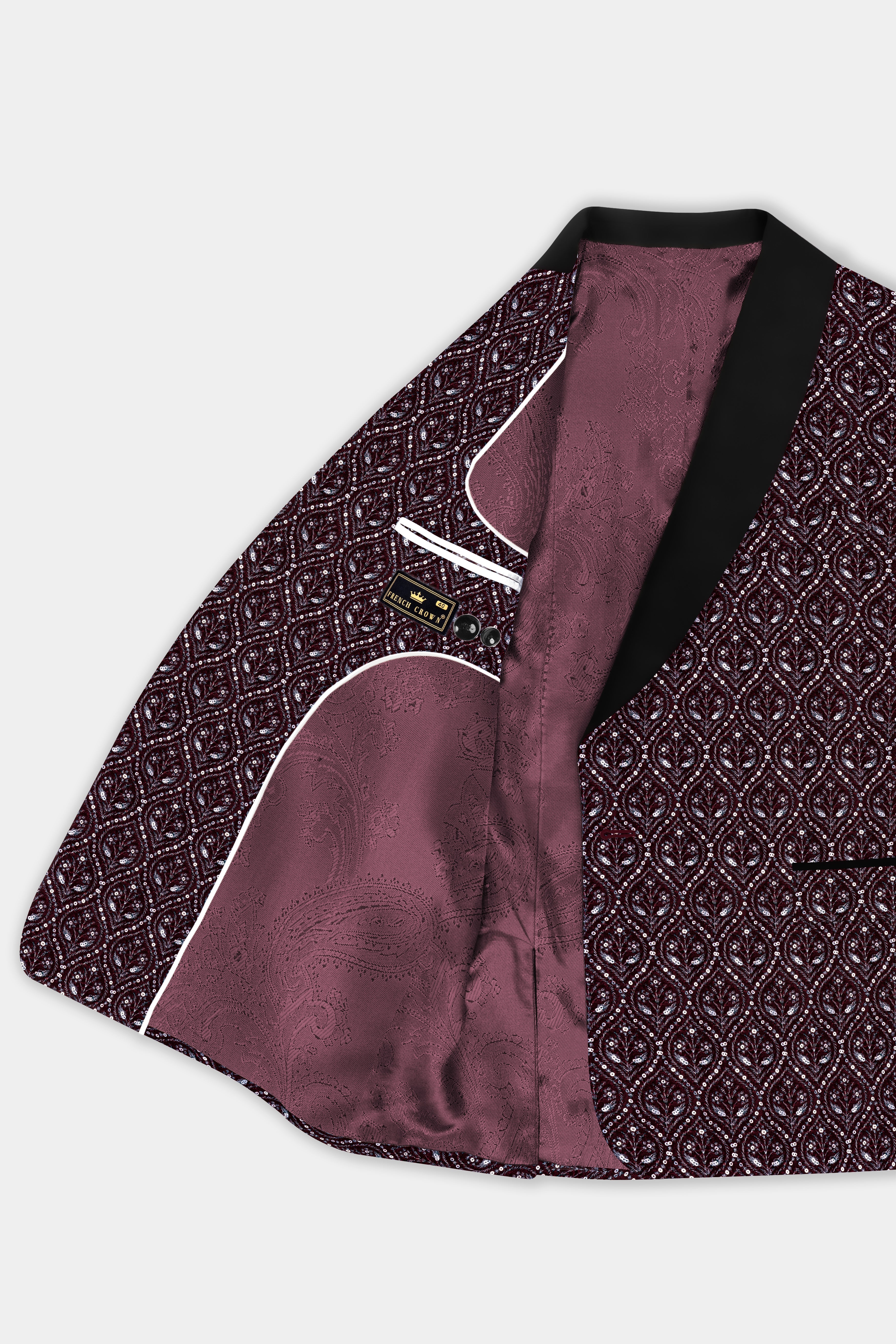 Aubergine Maroon With Sequins And Thread Embroidered Tuxedo Blazer