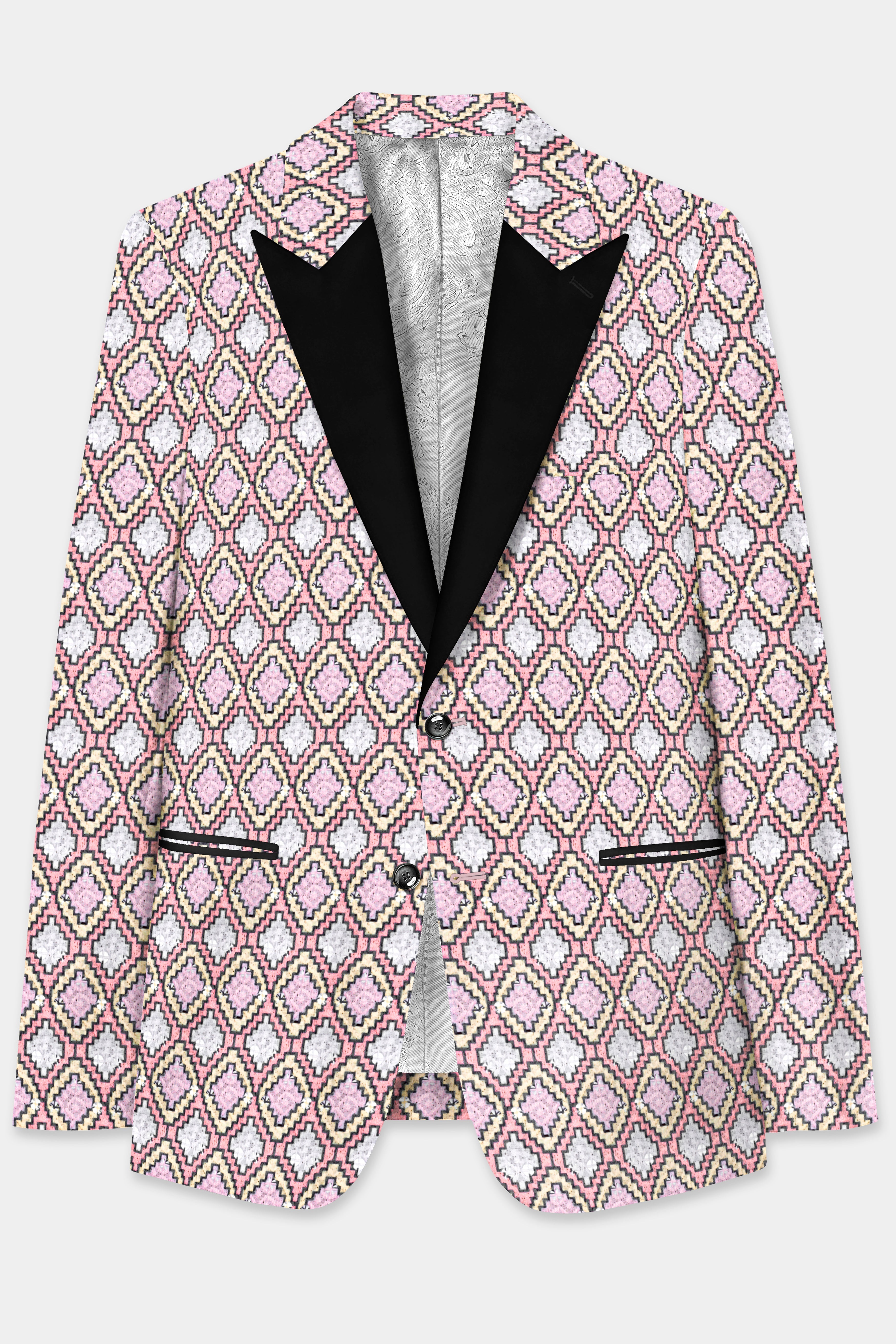 Azalea Pink And Astra Yellow MultiColour Designer Embroidered Peak Collar Tuxedo Blazer