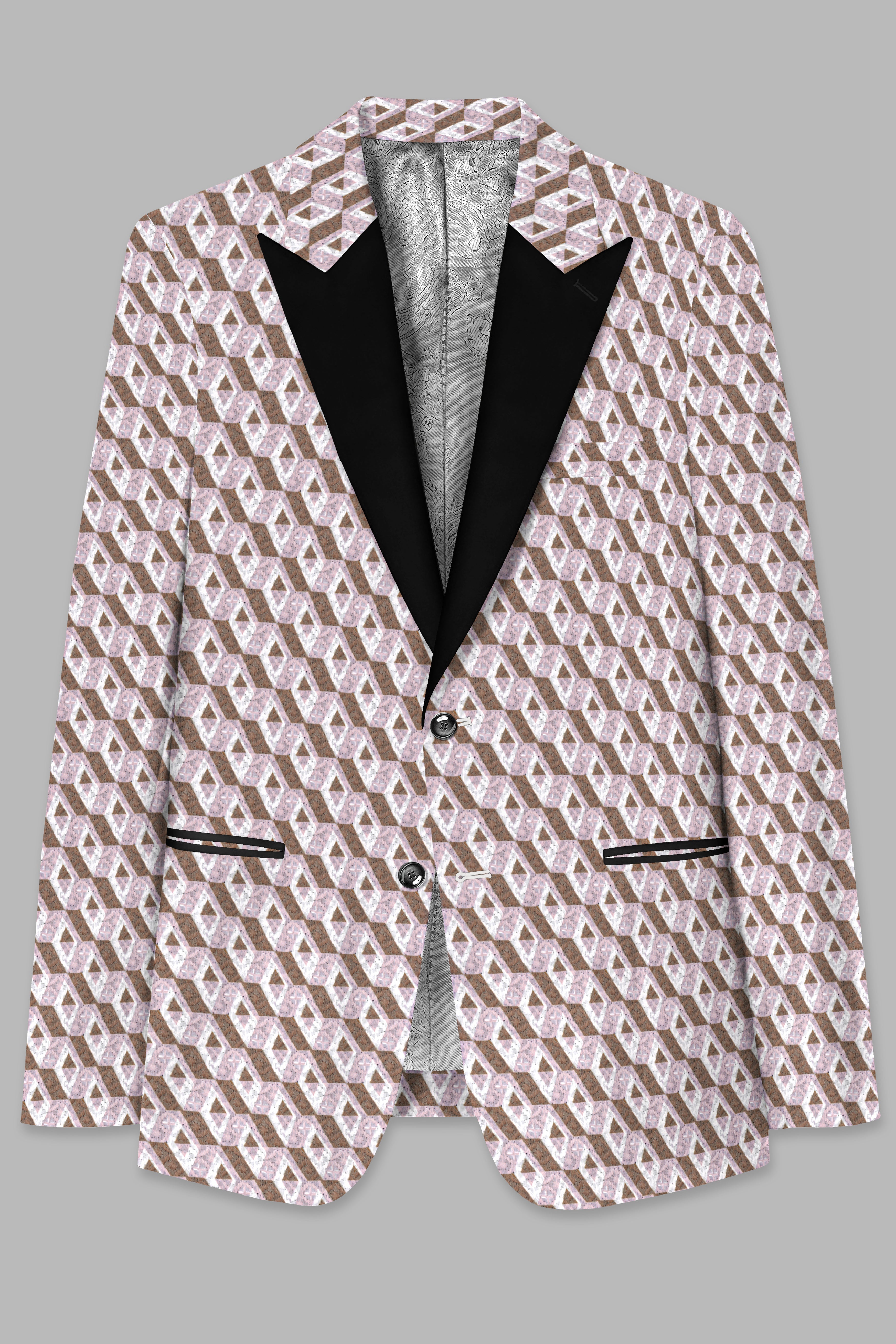 Clam Shell Pink and Roman Coffee Brown 3D Box Quilt Embroidered Peak Collar Tuxedo Blazer