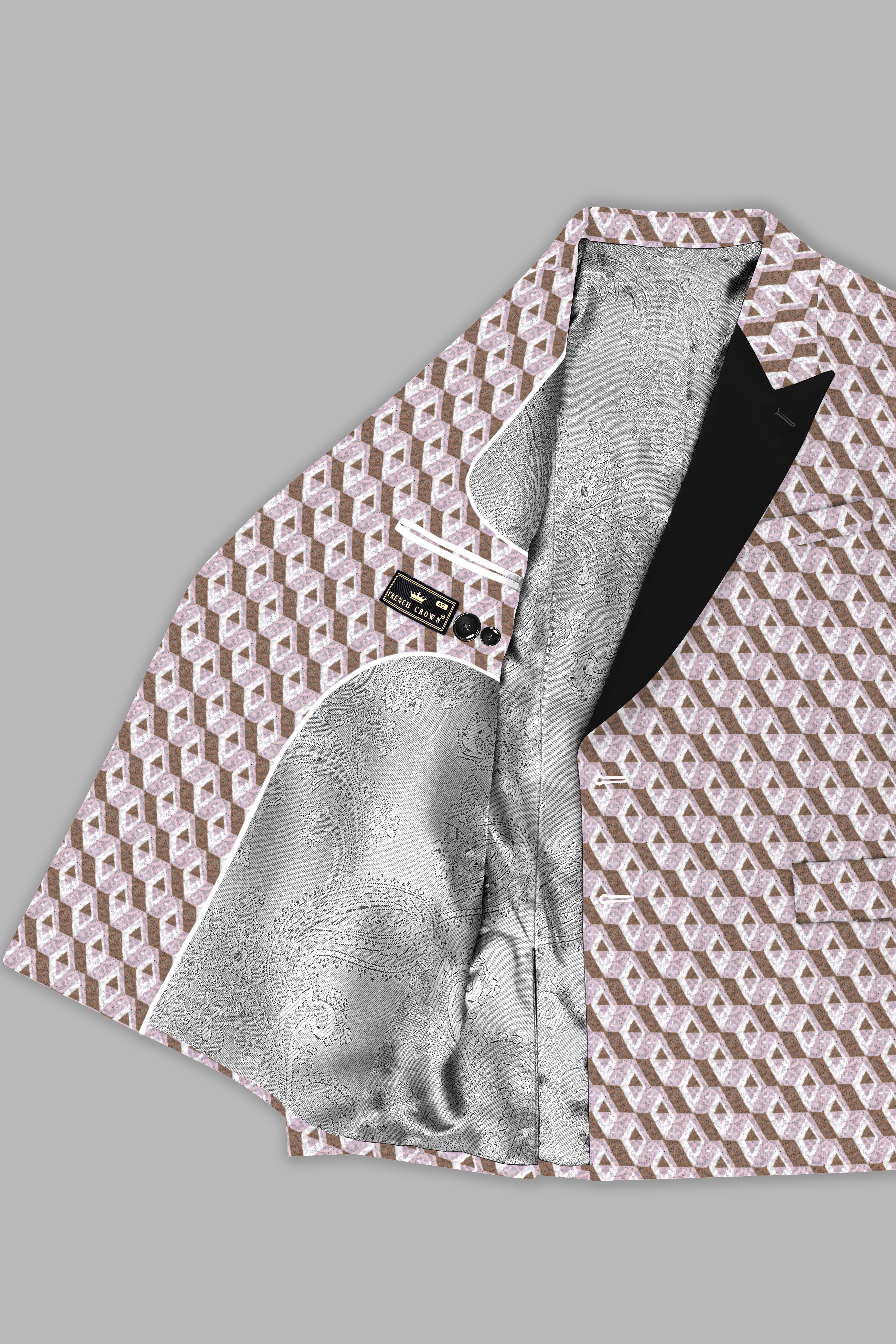 Clam Shell Pink and Roman Coffee Brown 3D Box Quilt Embroidered Peak Collar Tuxedo Blazer