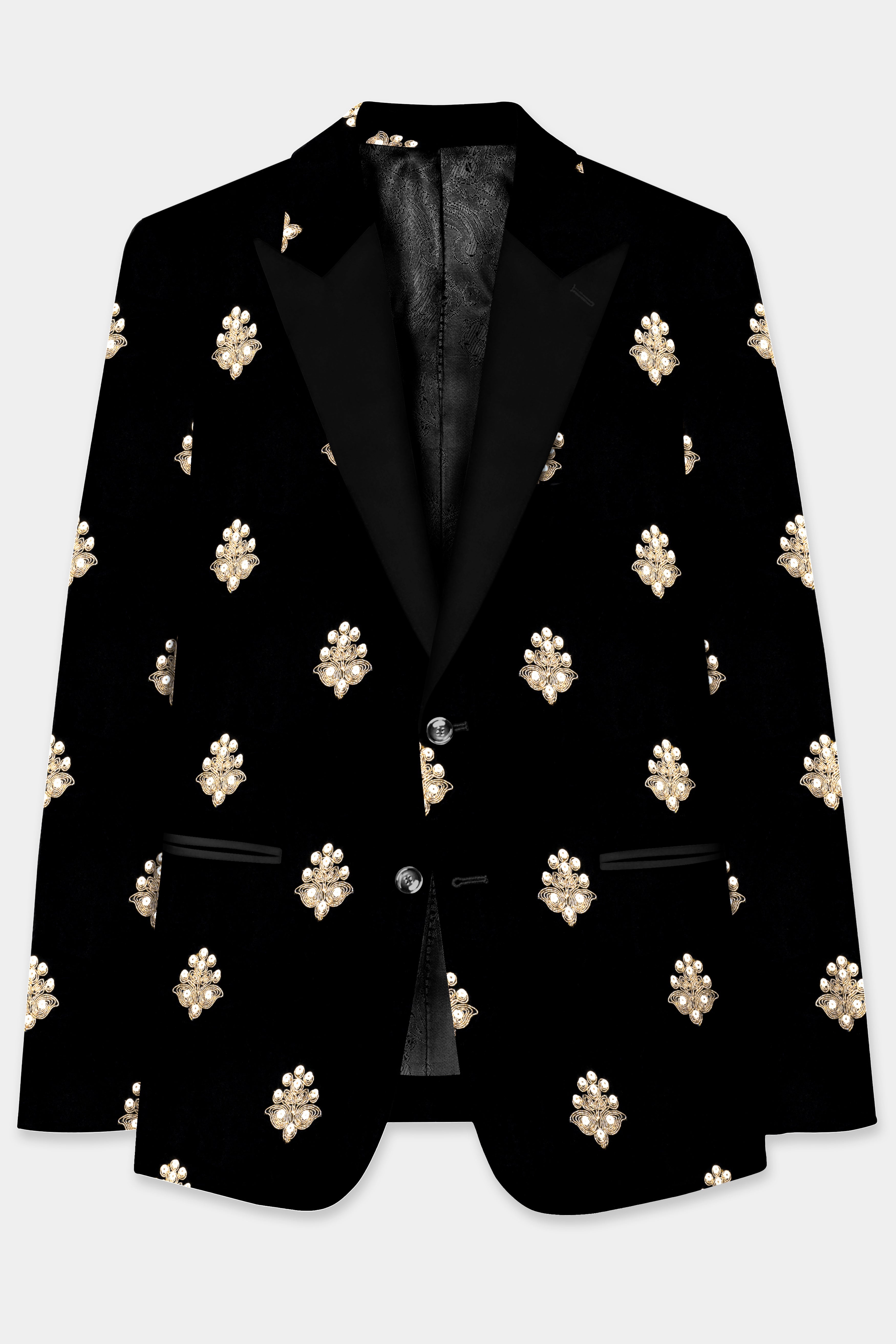 Jade Black Designer Velvet Sequin and Thread Embroidered Peak Collar Tuxedo Blazer
