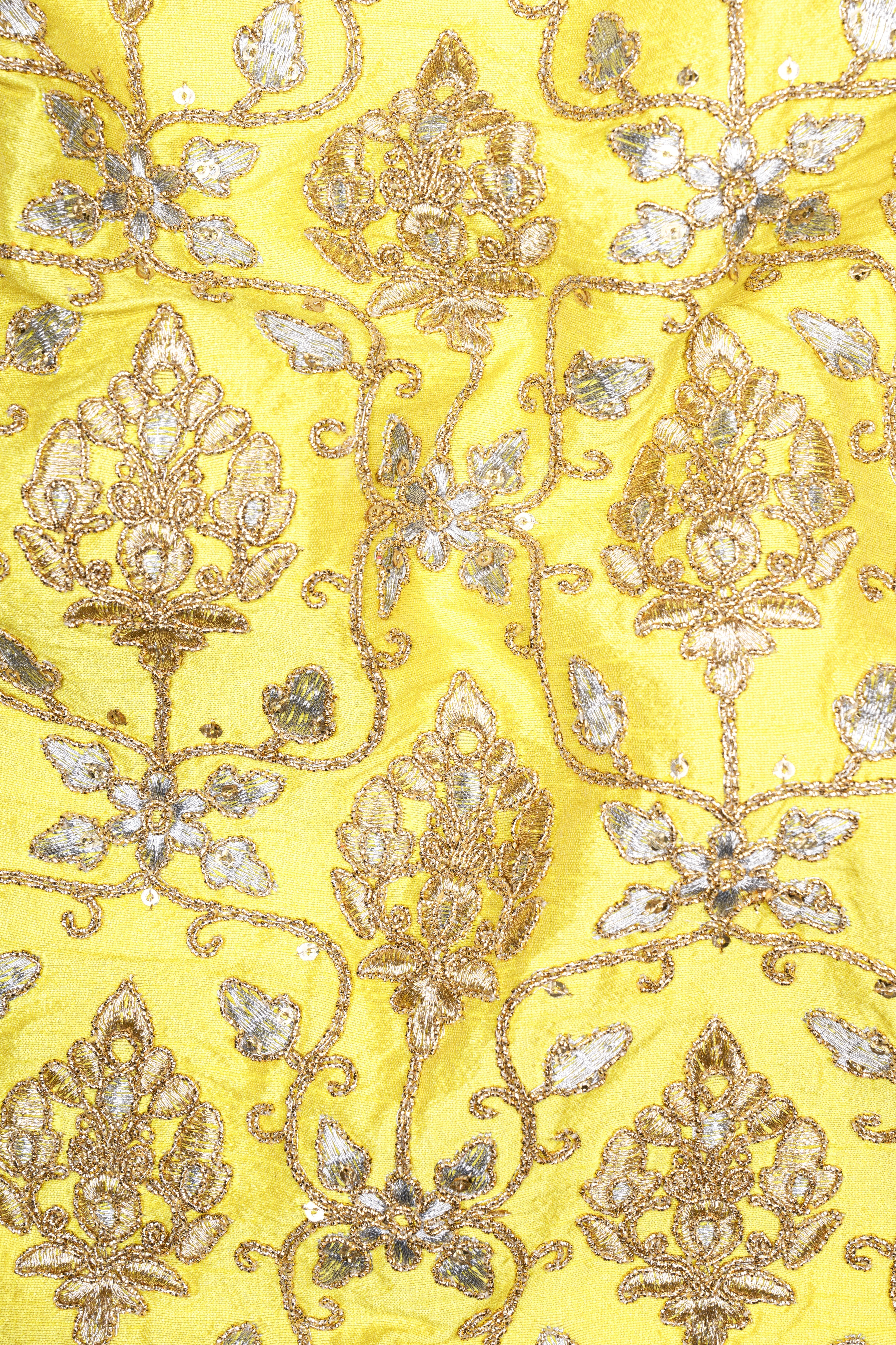 Marigold Yellow And Quicksand Brown Thread Embroidered Peak Collar Tuxedo Blazer