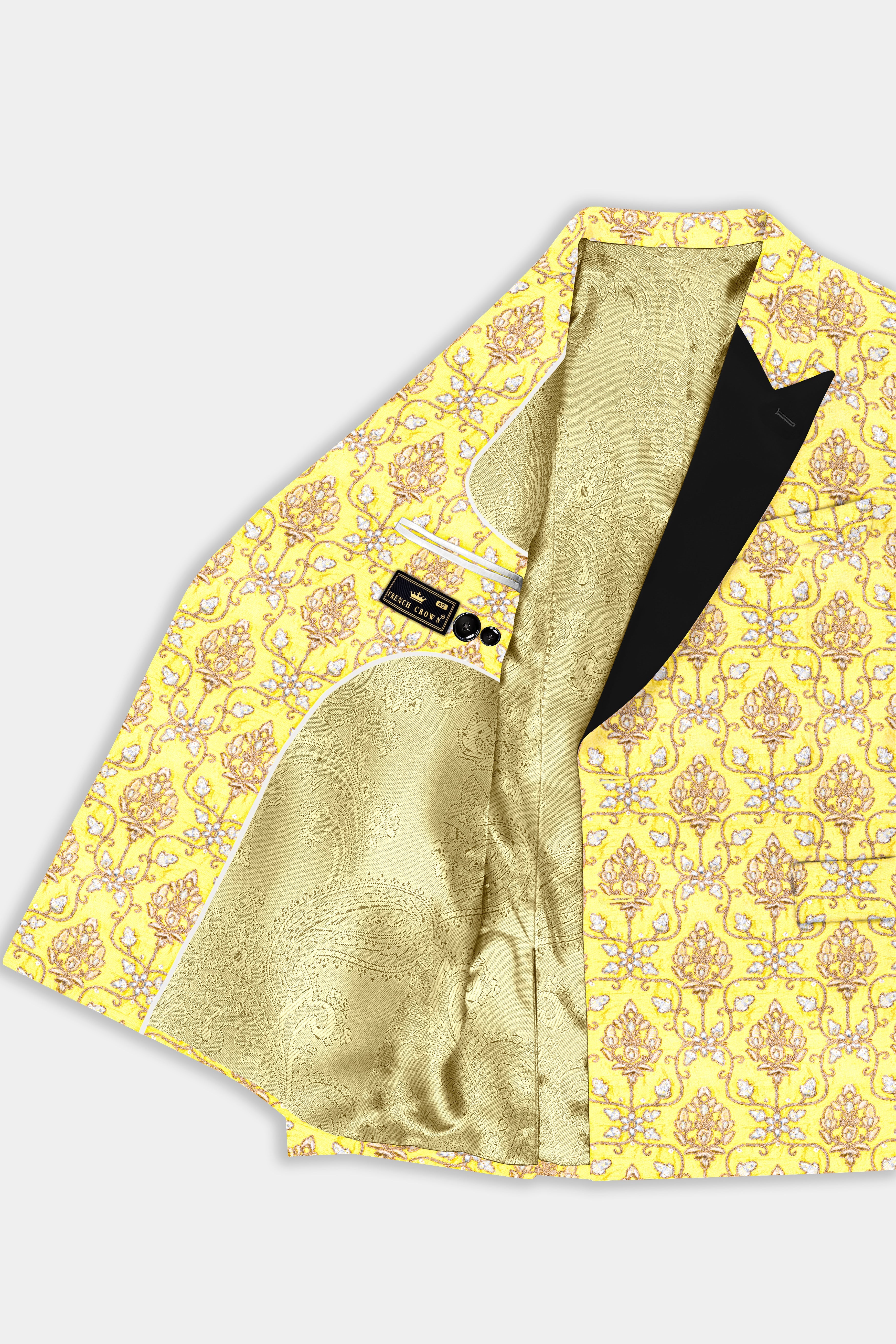 Marigold Yellow And Quicksand Brown Thread Embroidered Peak Collar Tuxedo Blazer