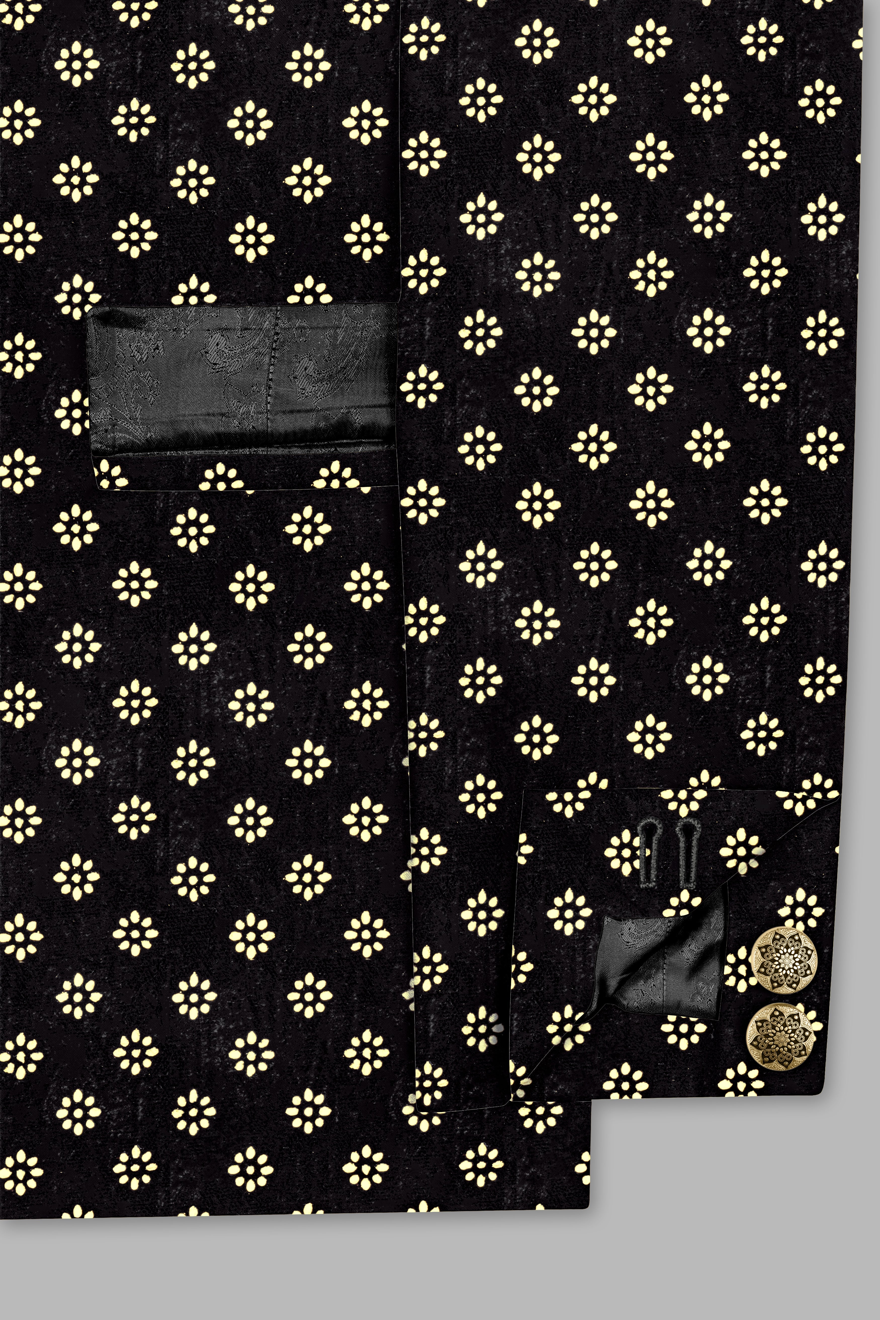 Jade Black Velvet Golder Flower Printed Designer Bandhgala Jodhpuri