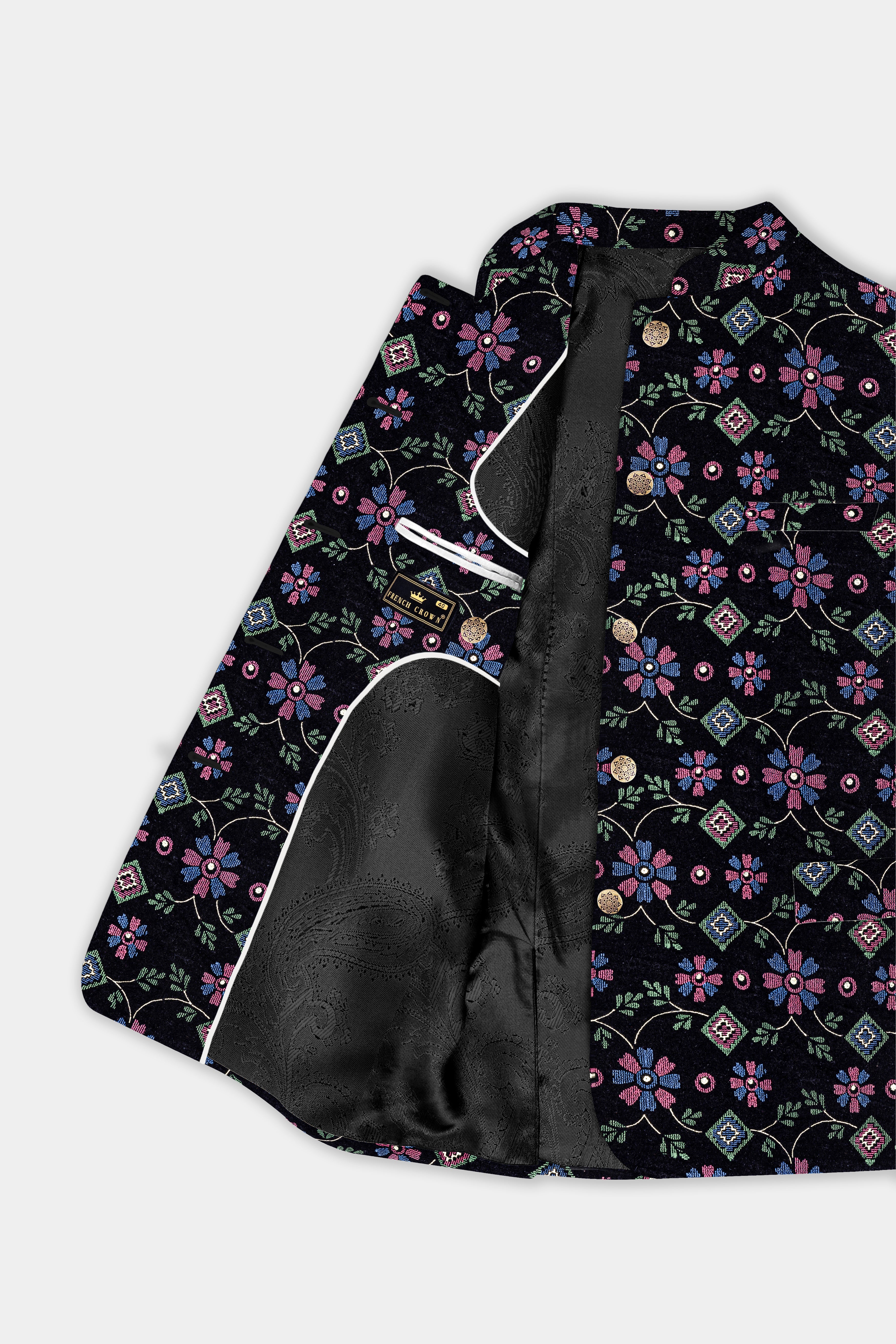 Jade Black And Glade Green Multicolour Floral Jacquard Weave Bandhgala Jodhpuri