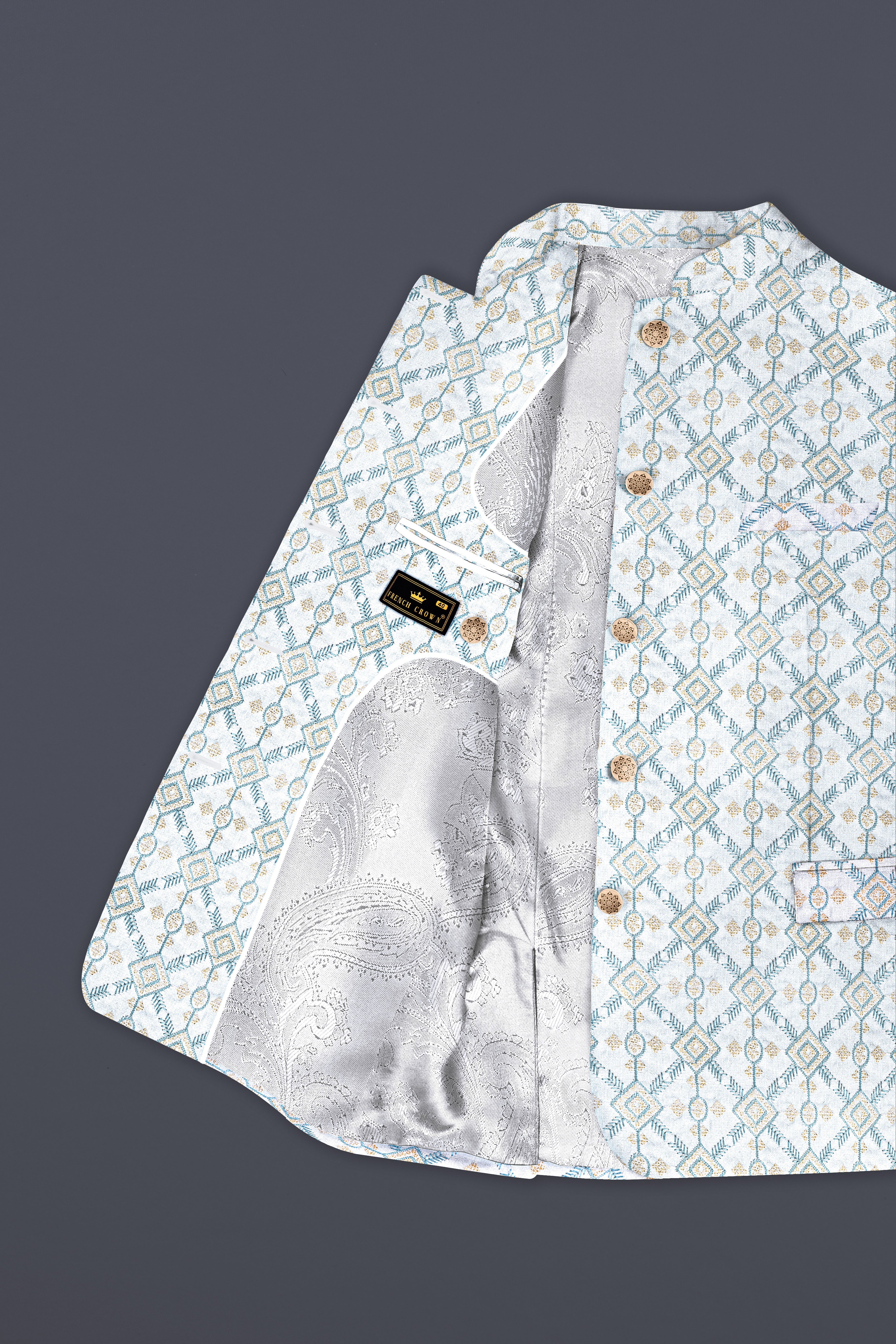 Bright White And Metallic Blue Trellis Thread Embroidered Bandhgala Jodhpuri