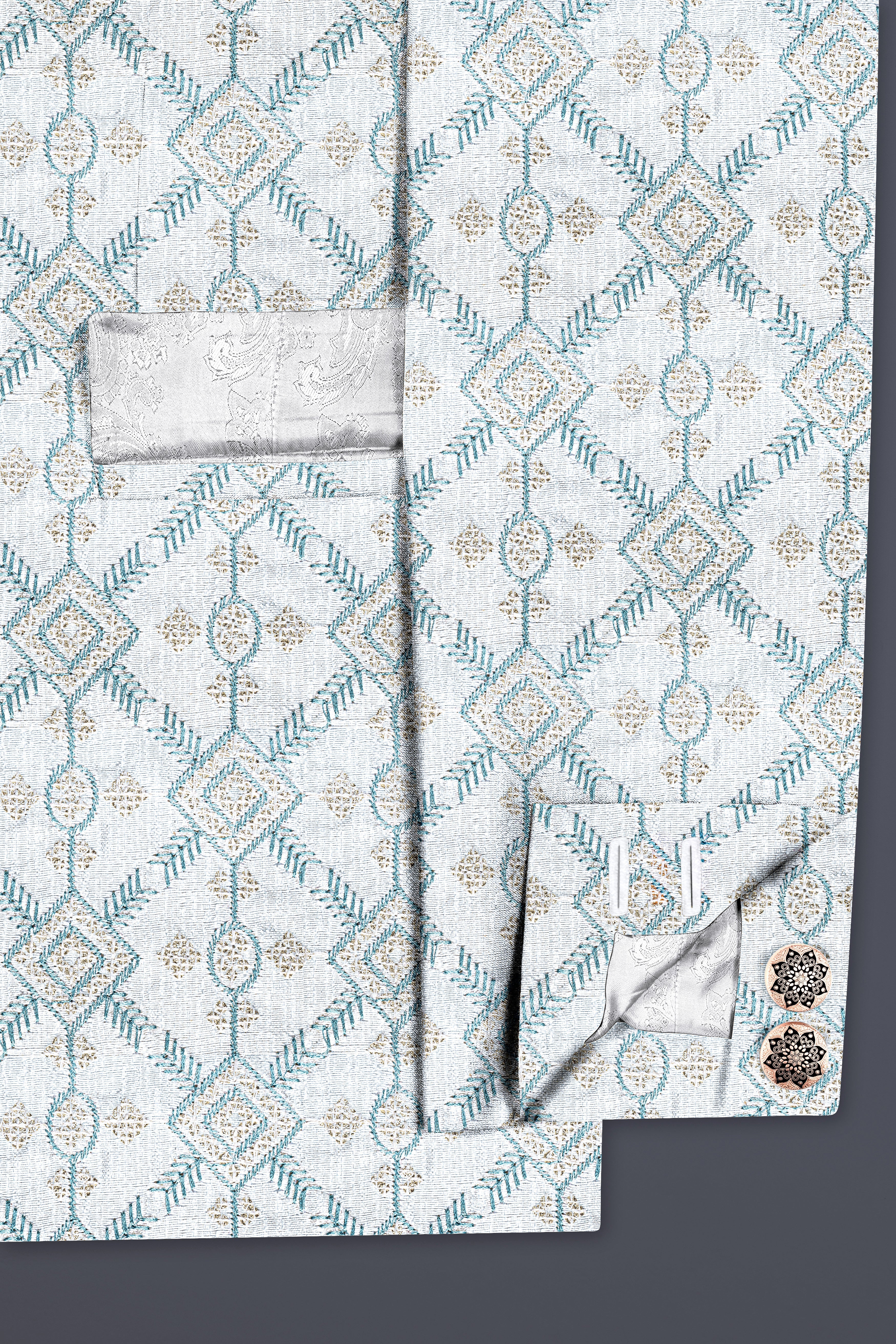 Bright White And Metallic Blue Trellis Thread Embroidered Bandhgala Jodhpuri