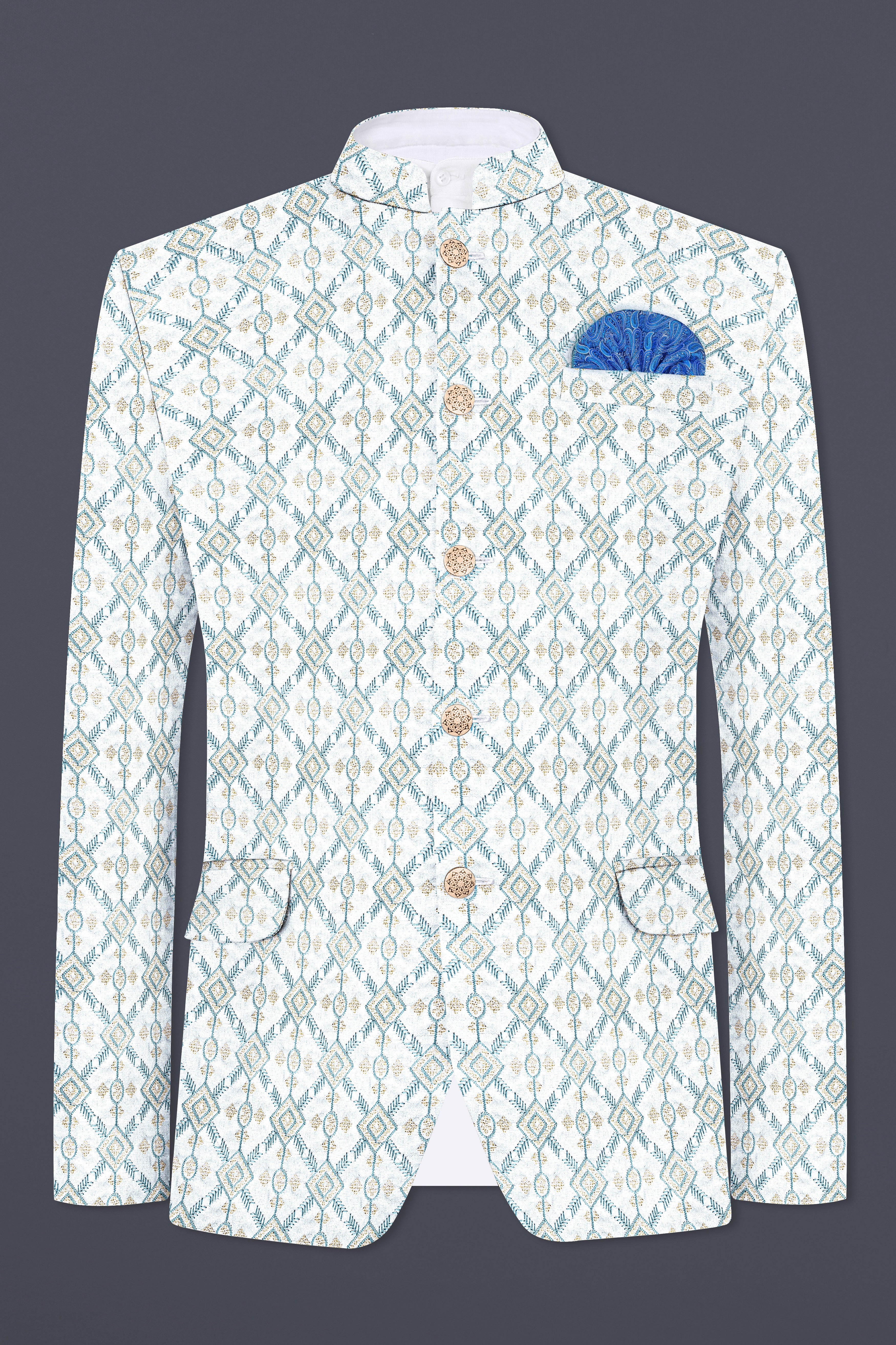 Bright White And Metallic Blue Trellis Thread Embroidered Bandhgala Jodhpuri