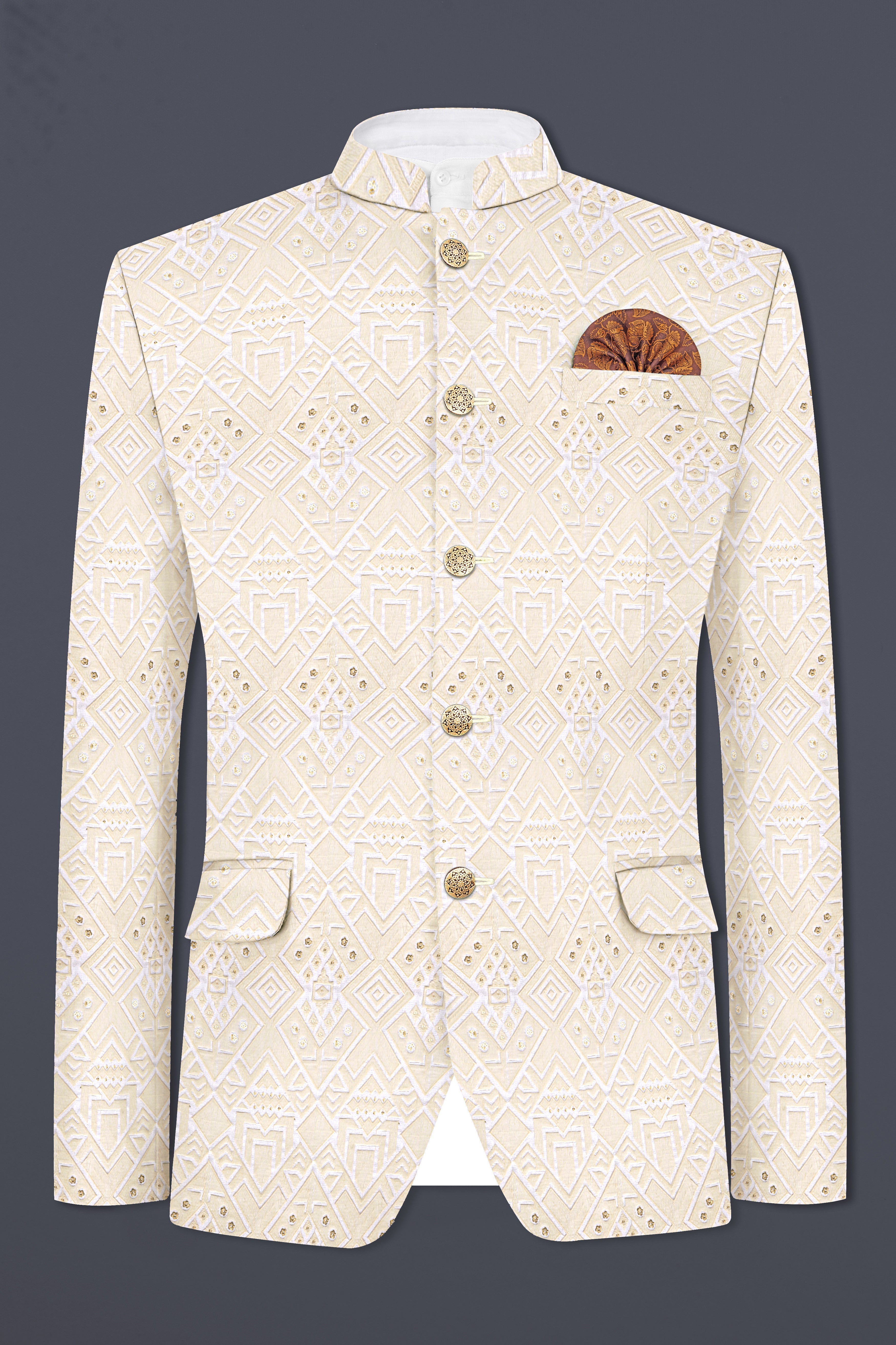 Merino Cream Geometric Thread And Sequin Embroidered Bandhgala Jodhpuri