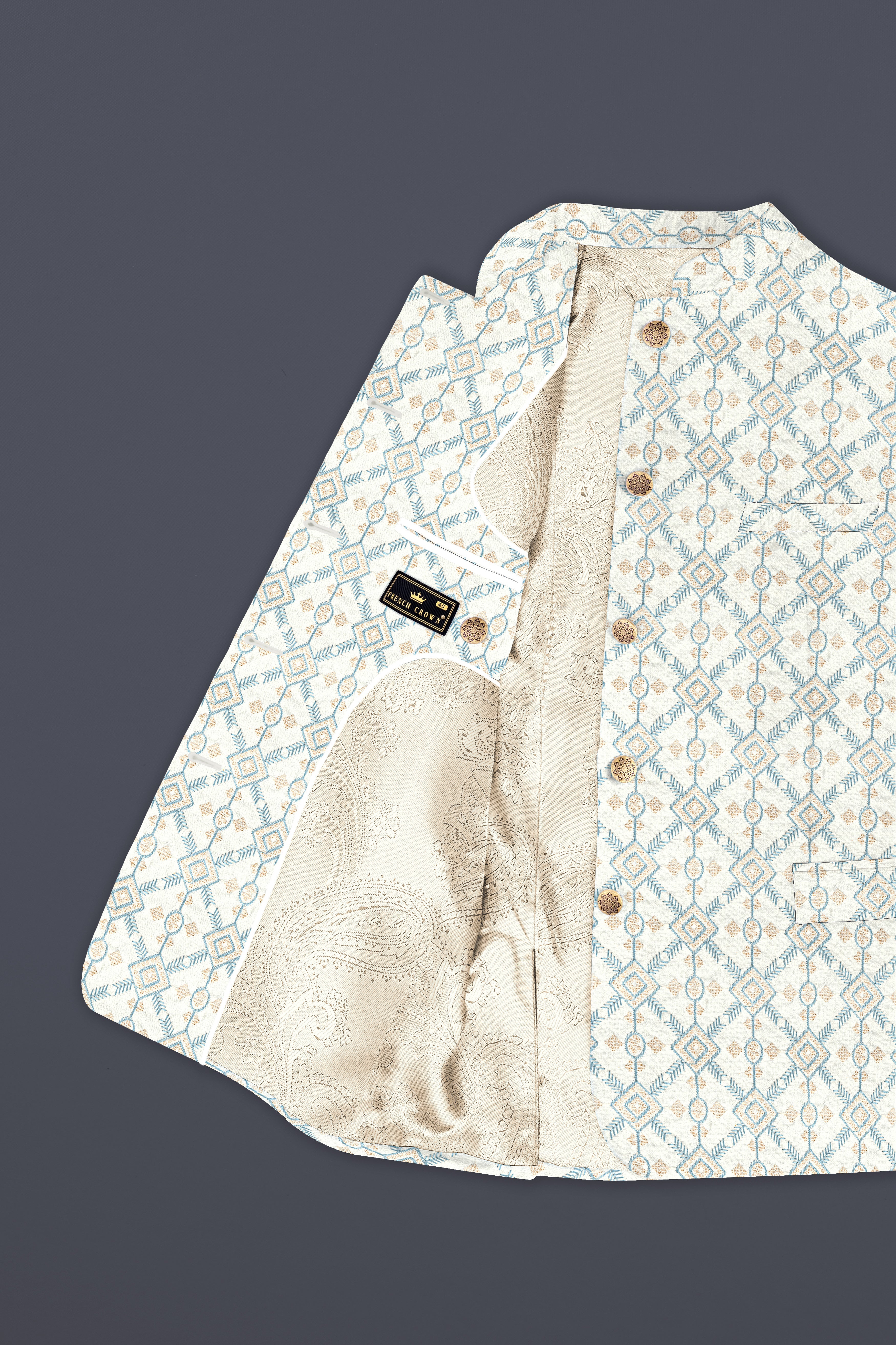 Bianca Cream And Hippie Blue Trellis Thread Embroidered Bandhgala Jodhpuri