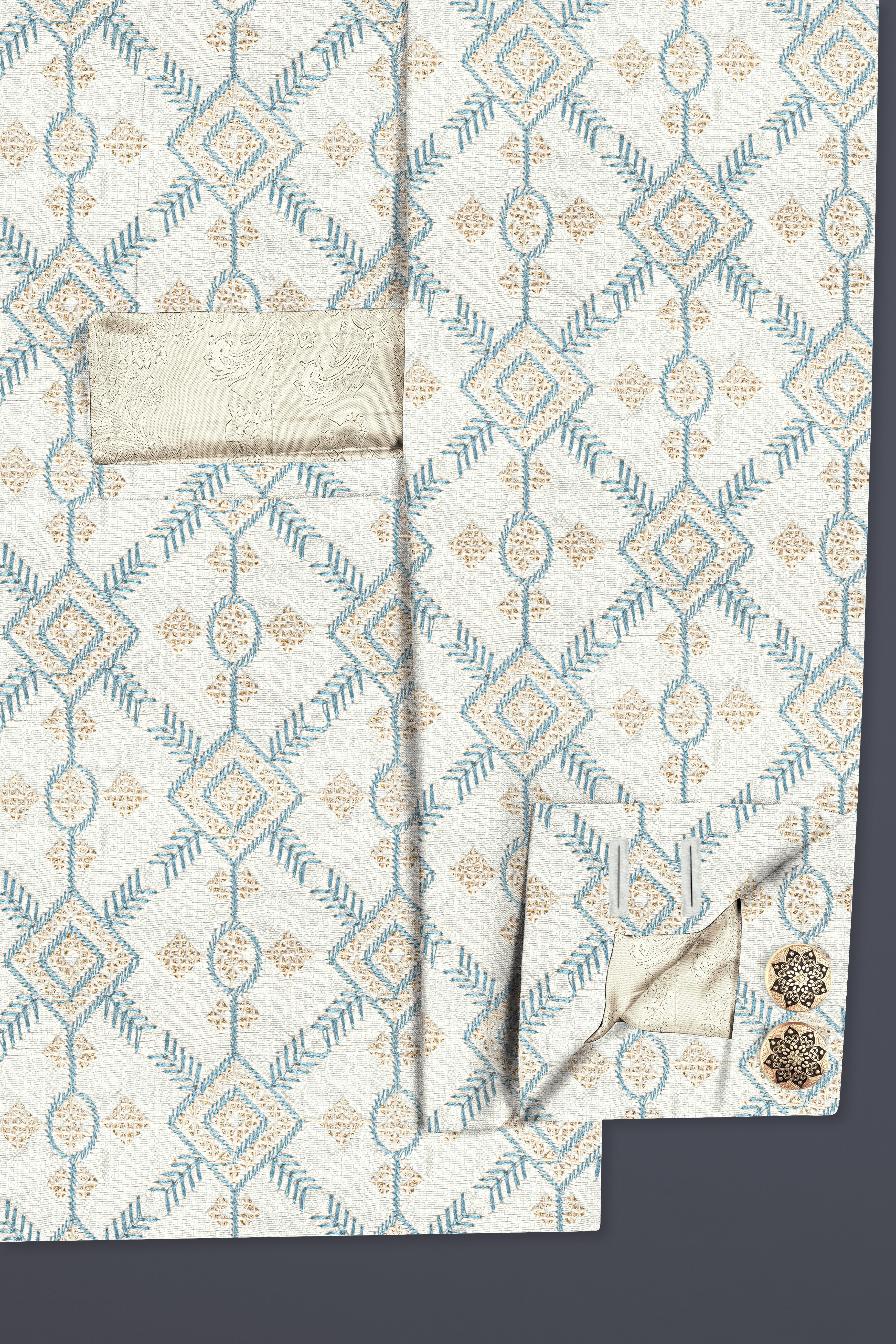 Bianca Cream And Hippie Blue Trellis Thread Embroidered Bandhgala Jodhpuri