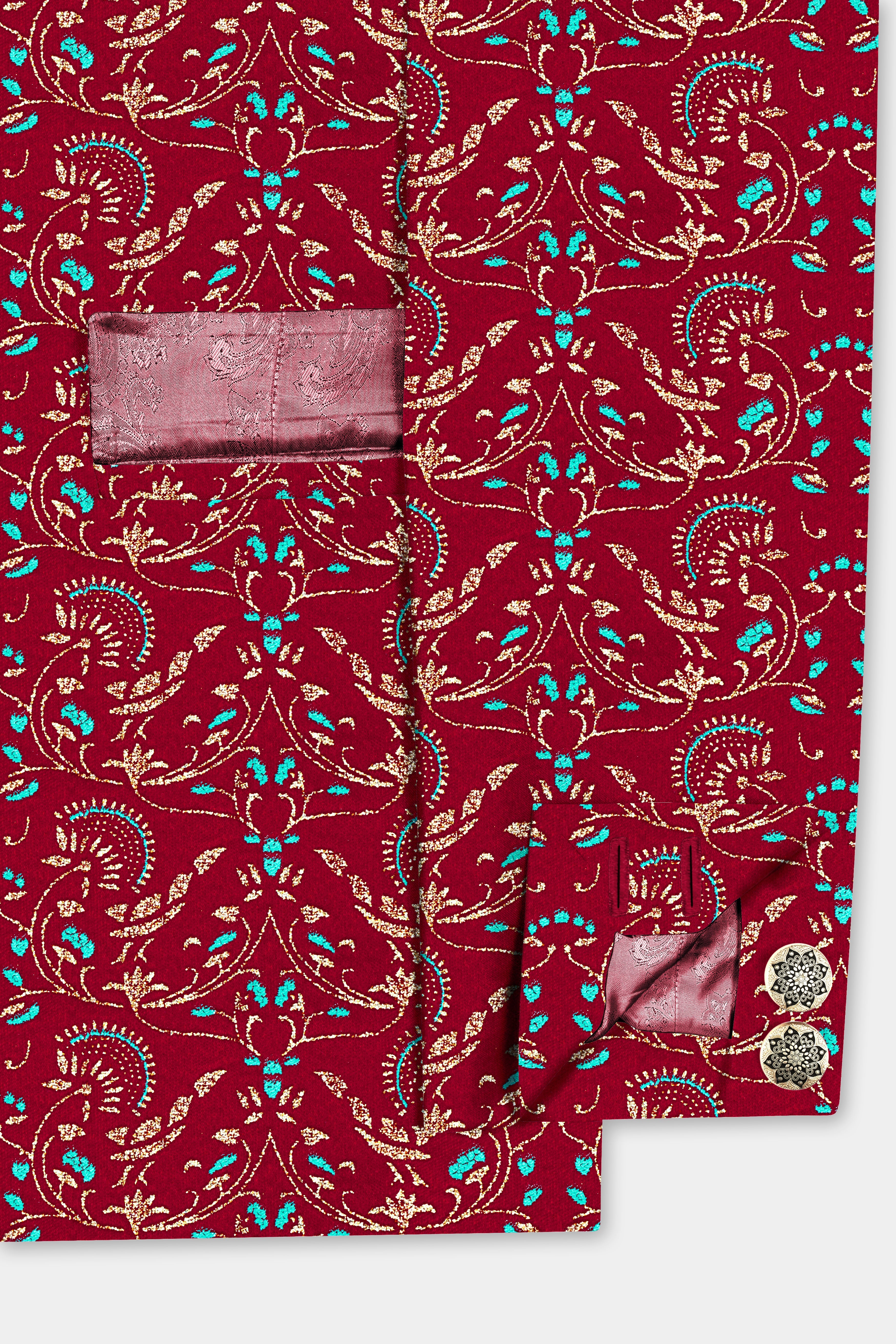 Claret Red And Aqua Marine Blue Velvet Printed Designer Bandhgala Jodhpuri
