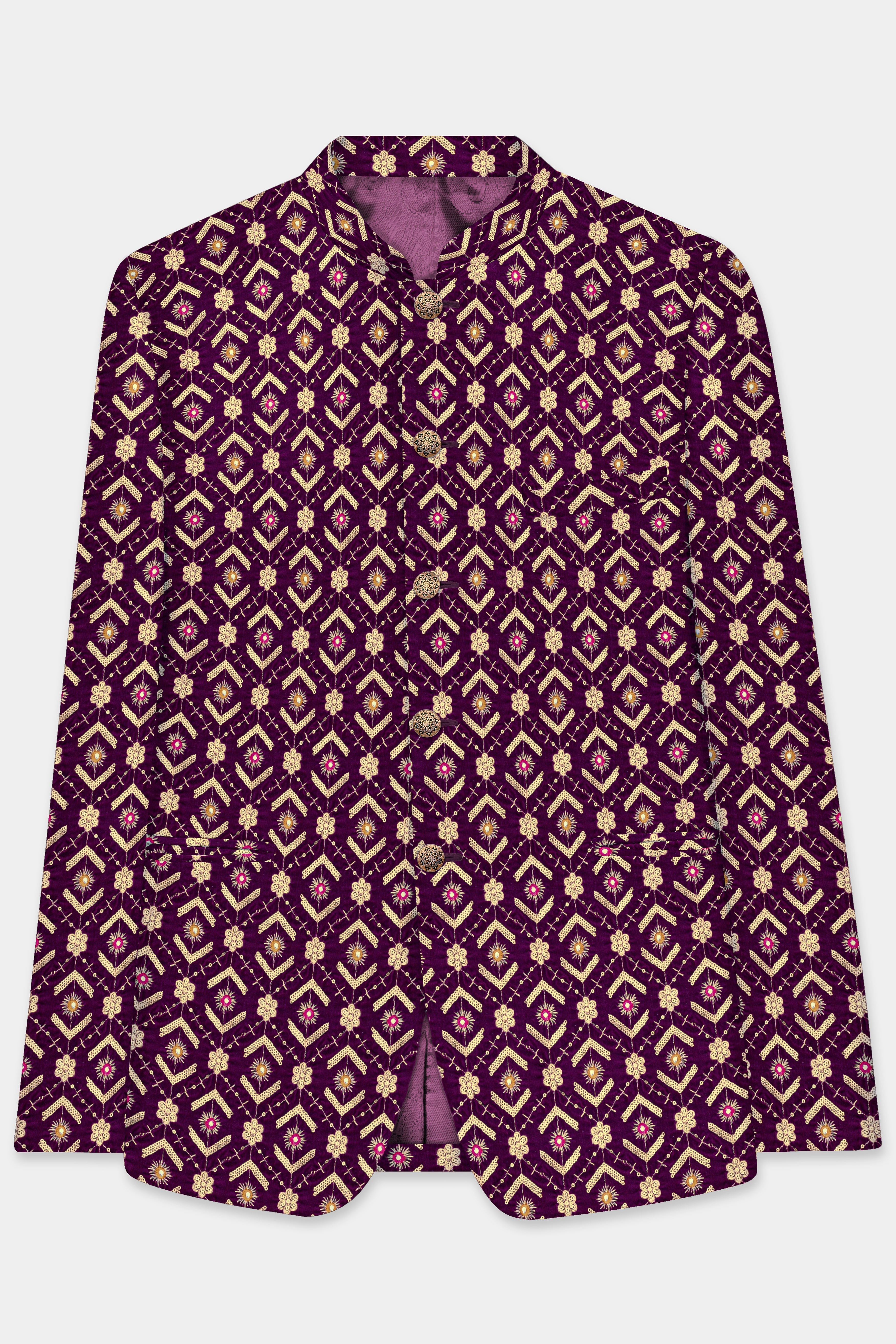 Blackberry Purple Velvet Thread And Sequin Embroidered Bandhgala Jodhpuri