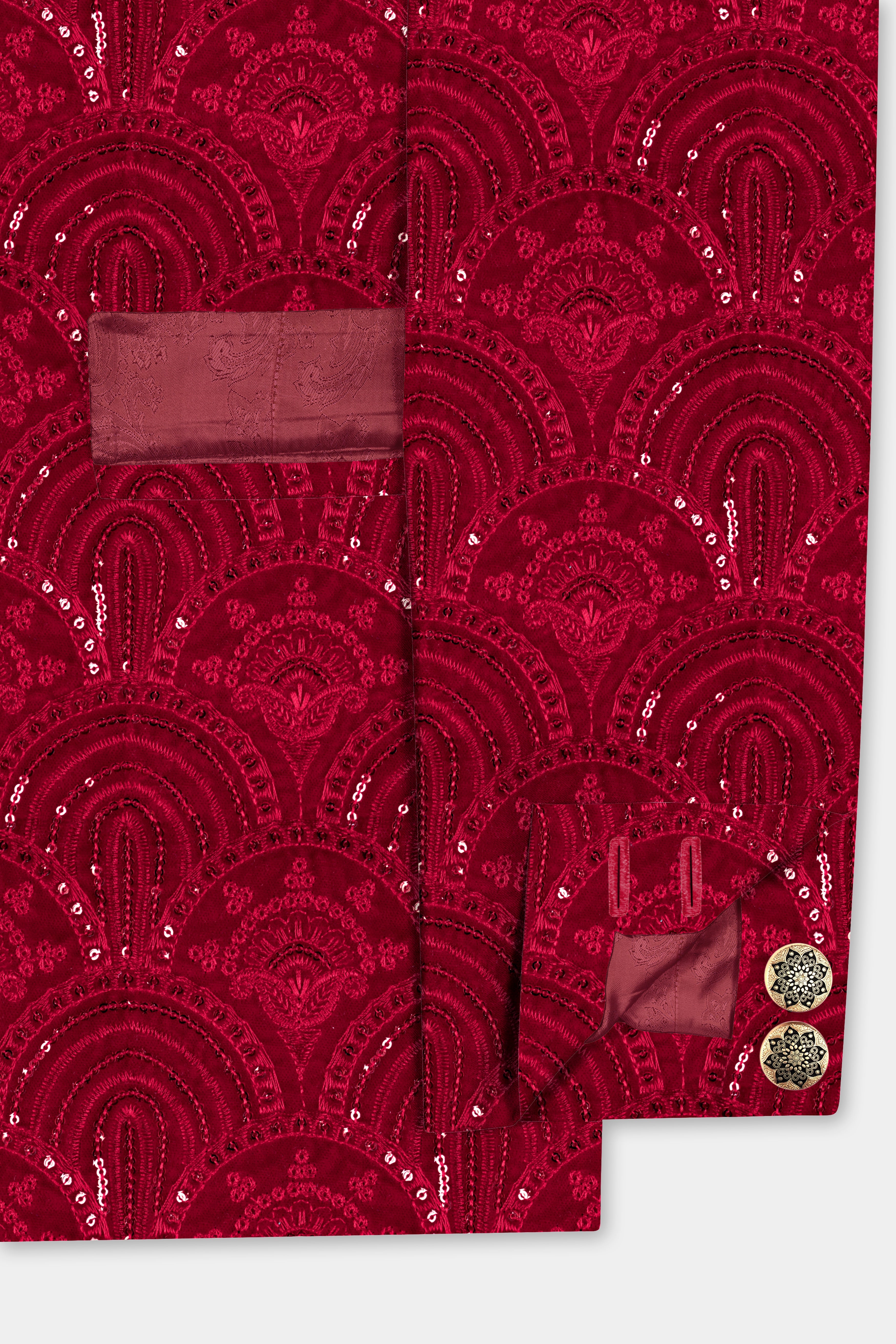 Claret Red Velvet Sequins And Thread Embroidered Bandhgala Jodhpuri
