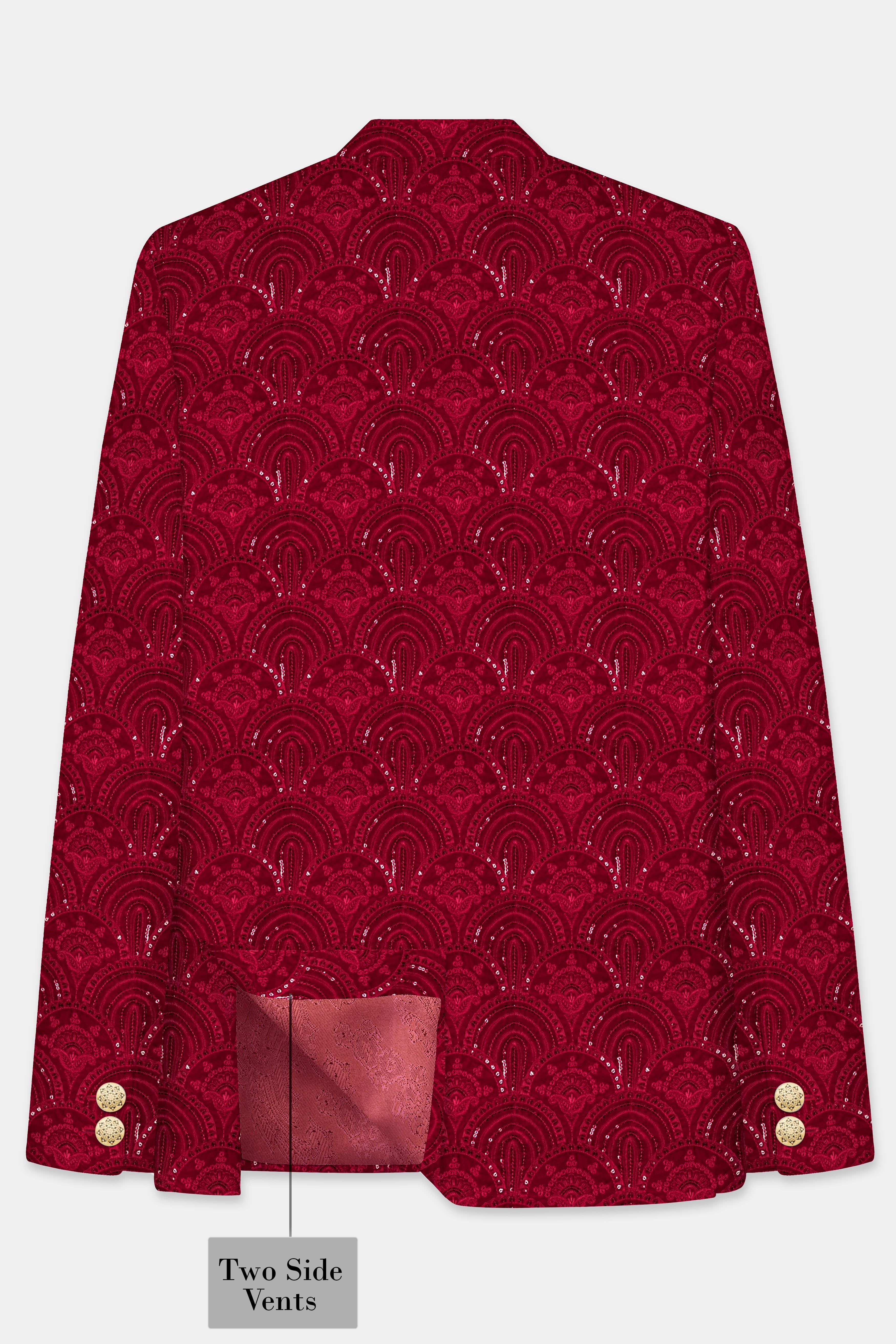 Claret Red Velvet Sequins And Thread Embroidered Bandhgala Jodhpuri