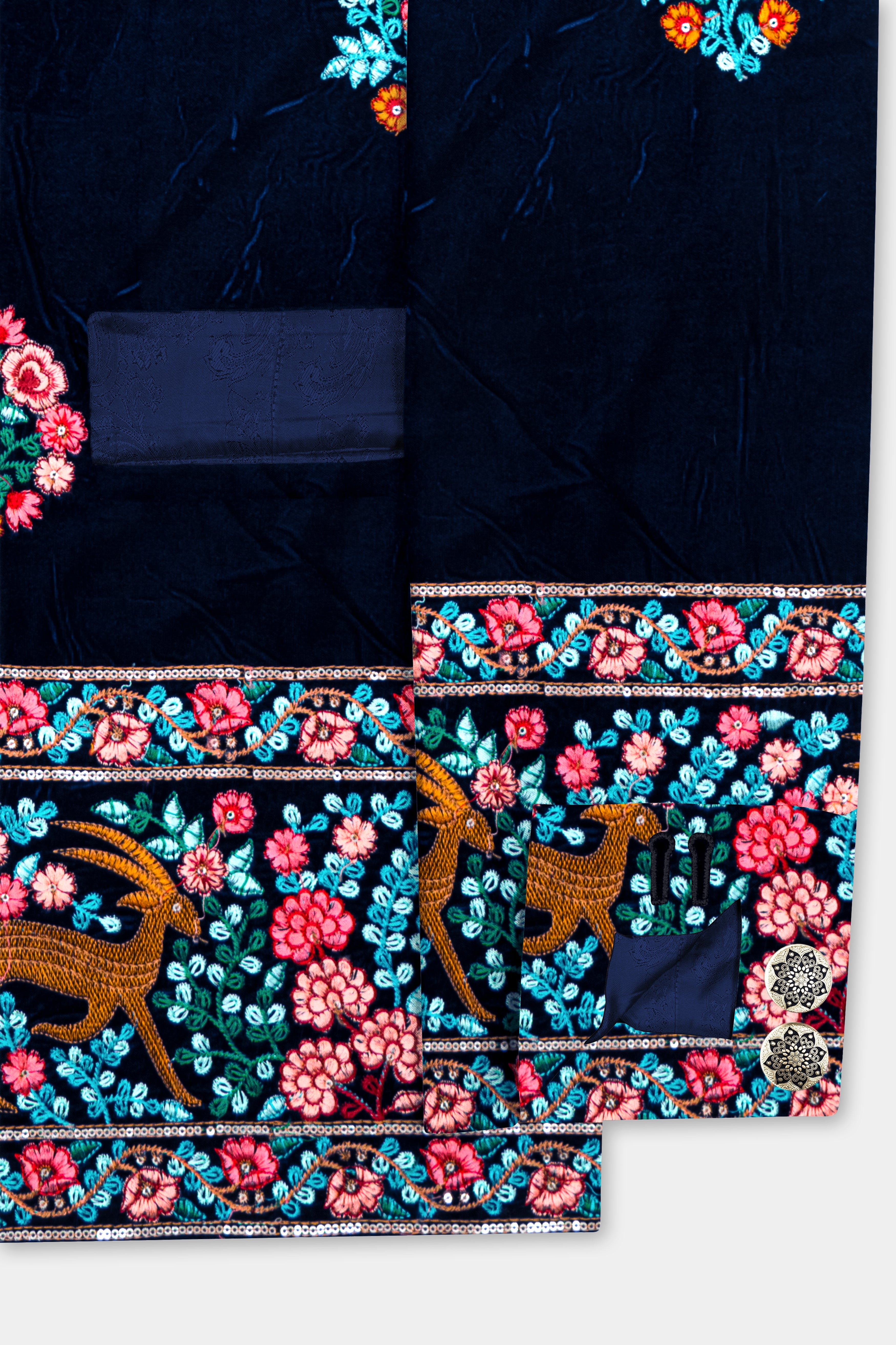 Tealish Blue Embroidered Butta printed Velvet Bandhgala Jodhpuri