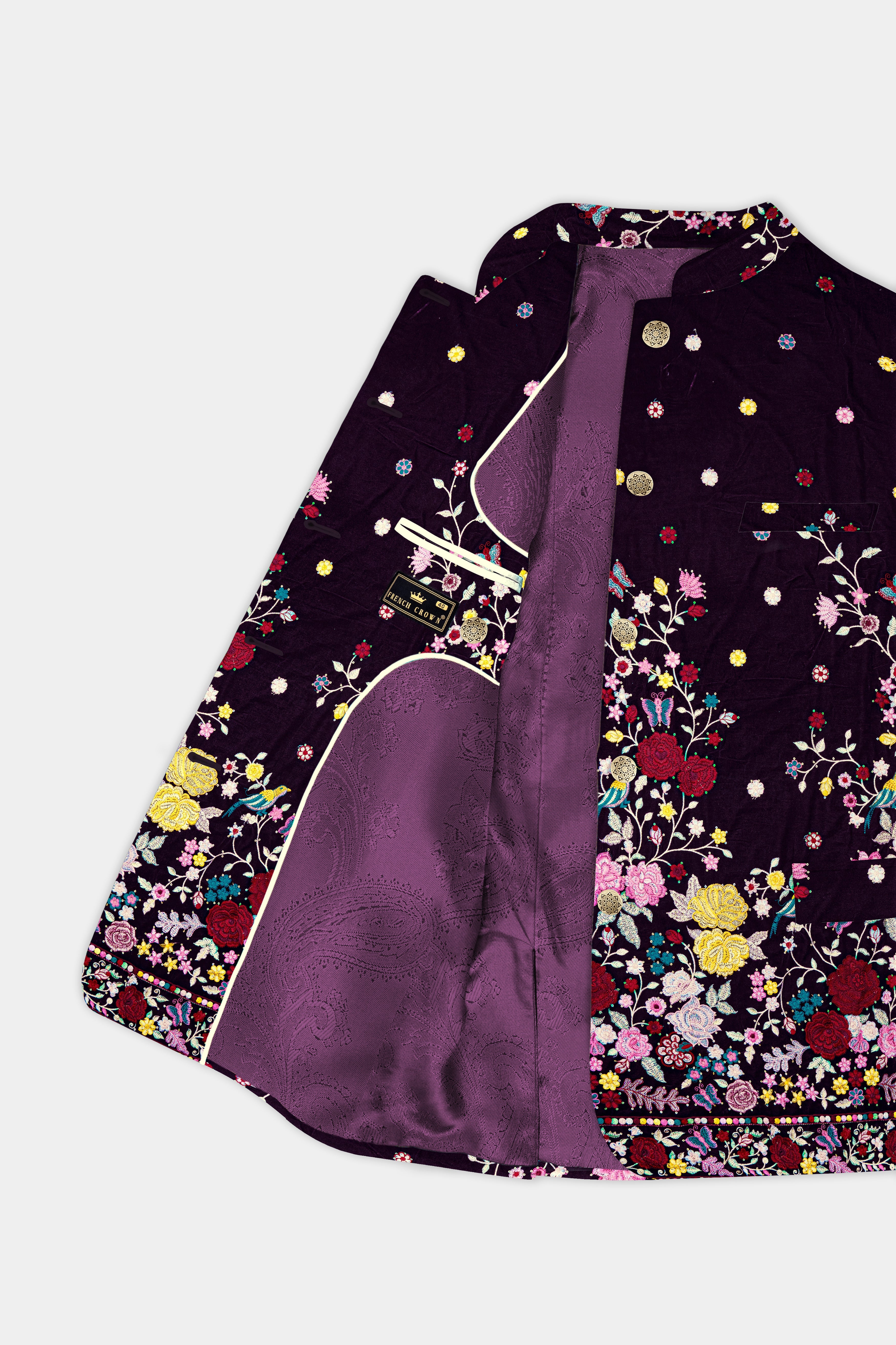 Melanzane Purple Multicolor Embroidered Printed Bandhgala Jodhpuri