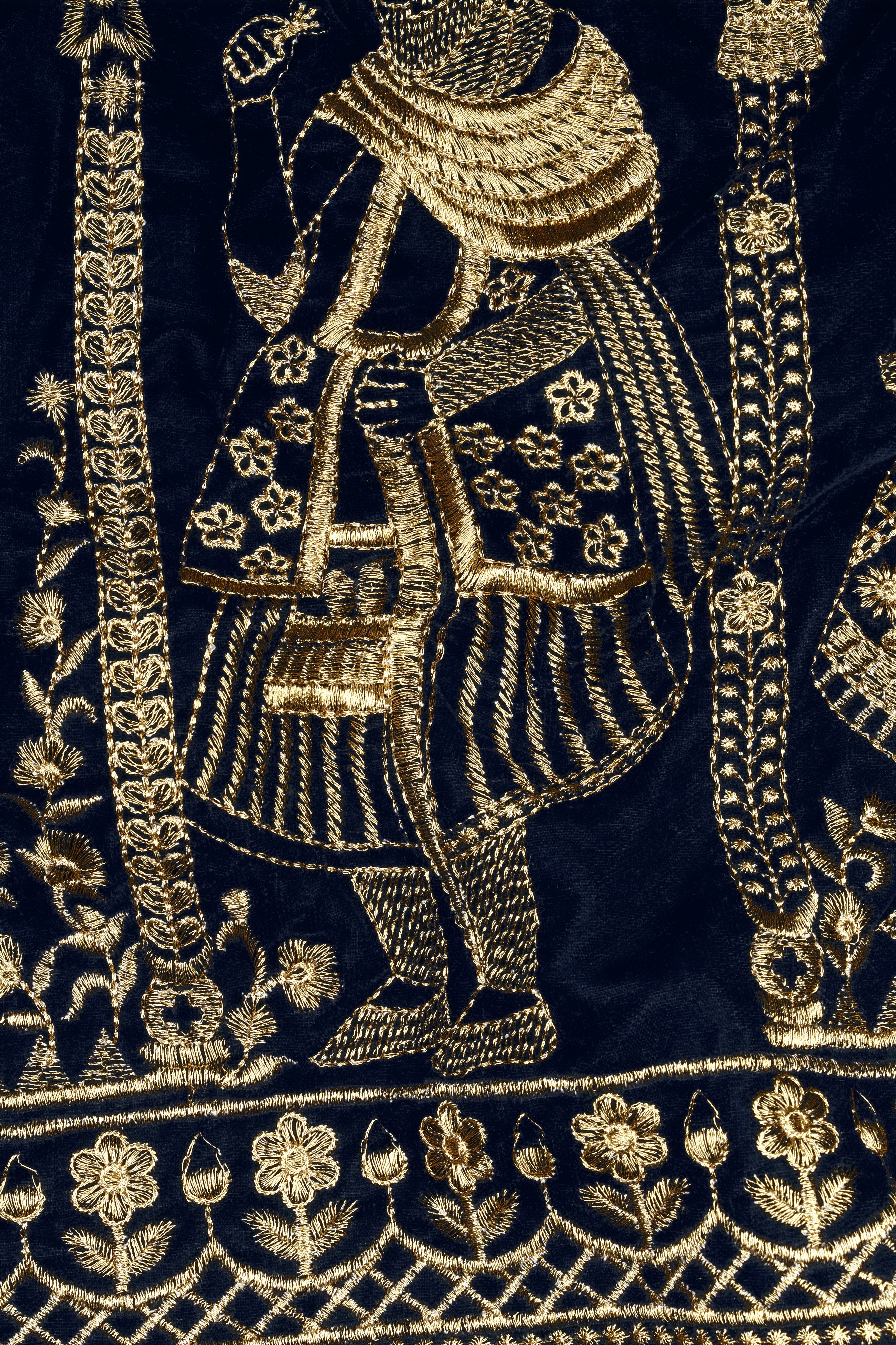 Jaguar Blue Embroidered Mughal Empire Printed Velvet Bandhgala Jodhpuri