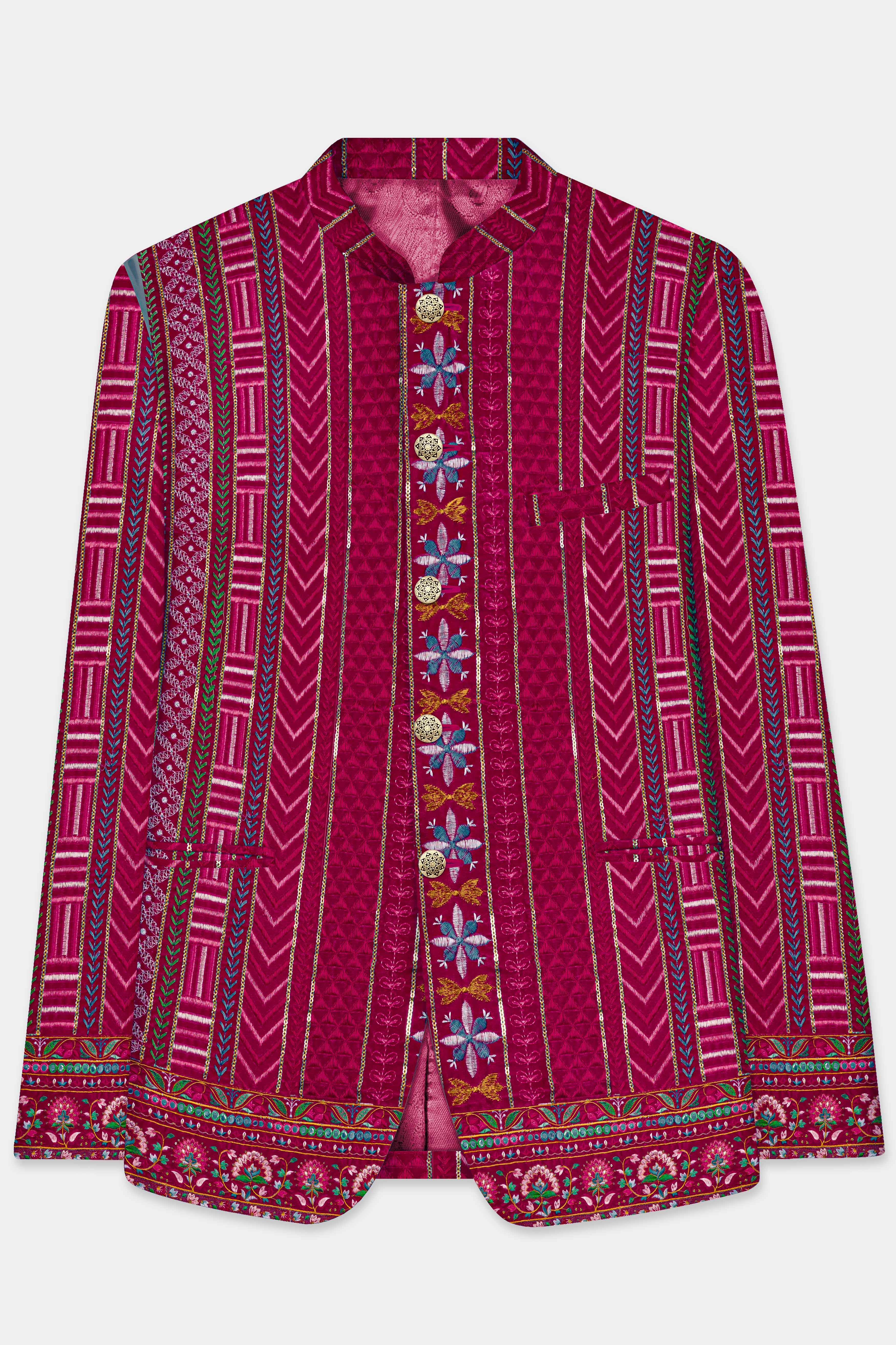 Merlot Pink sequin and Multicolor thread Embroidered Velvet Bandhgala Jodhpuri