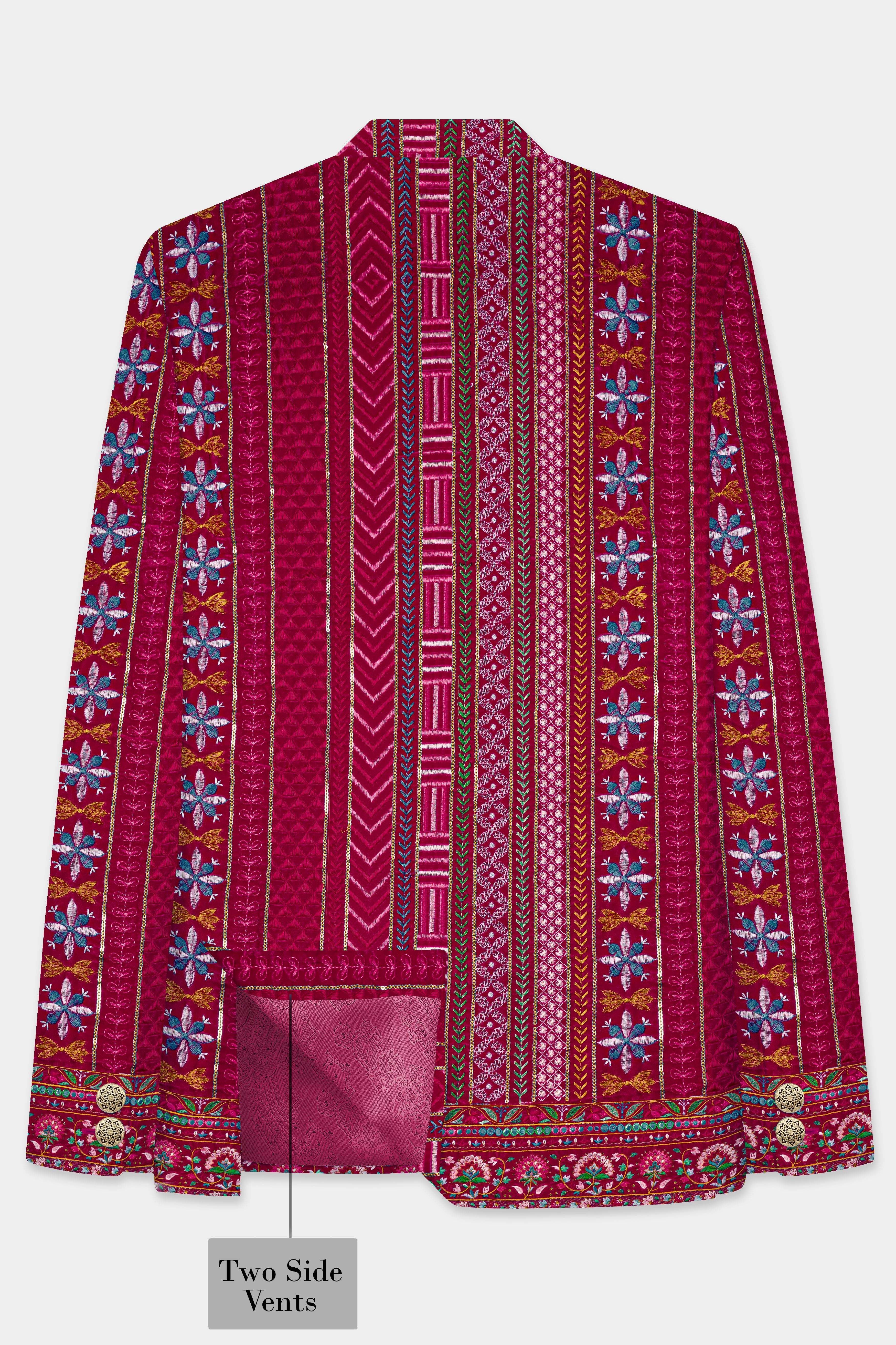 Merlot Pink sequin and Multicolor thread Embroidered Velvet Bandhgala Jodhpuri
