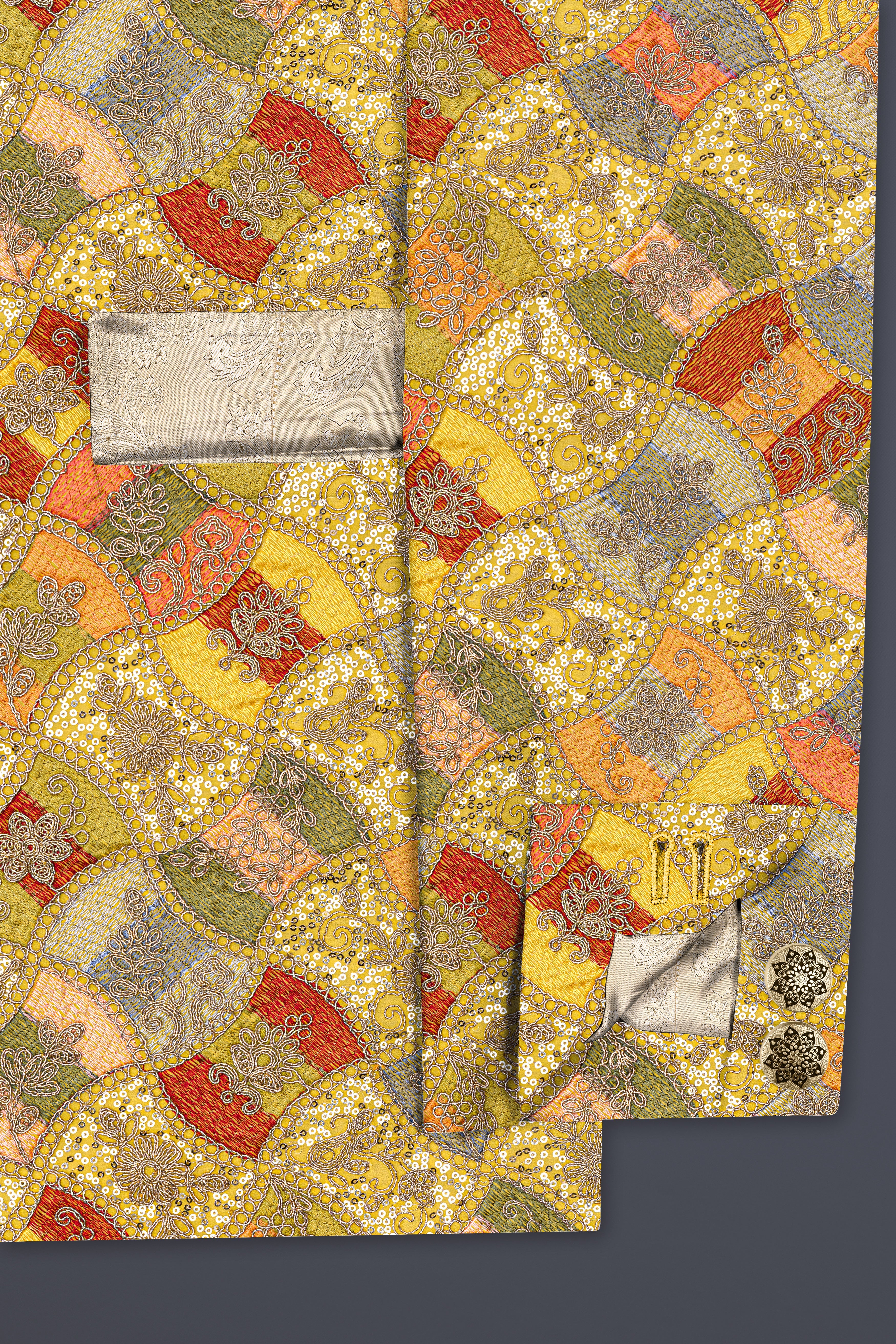 Leamon Yellow and Multicolor Embroidery Printed Cross Placket Bandhgala Jodhpuri