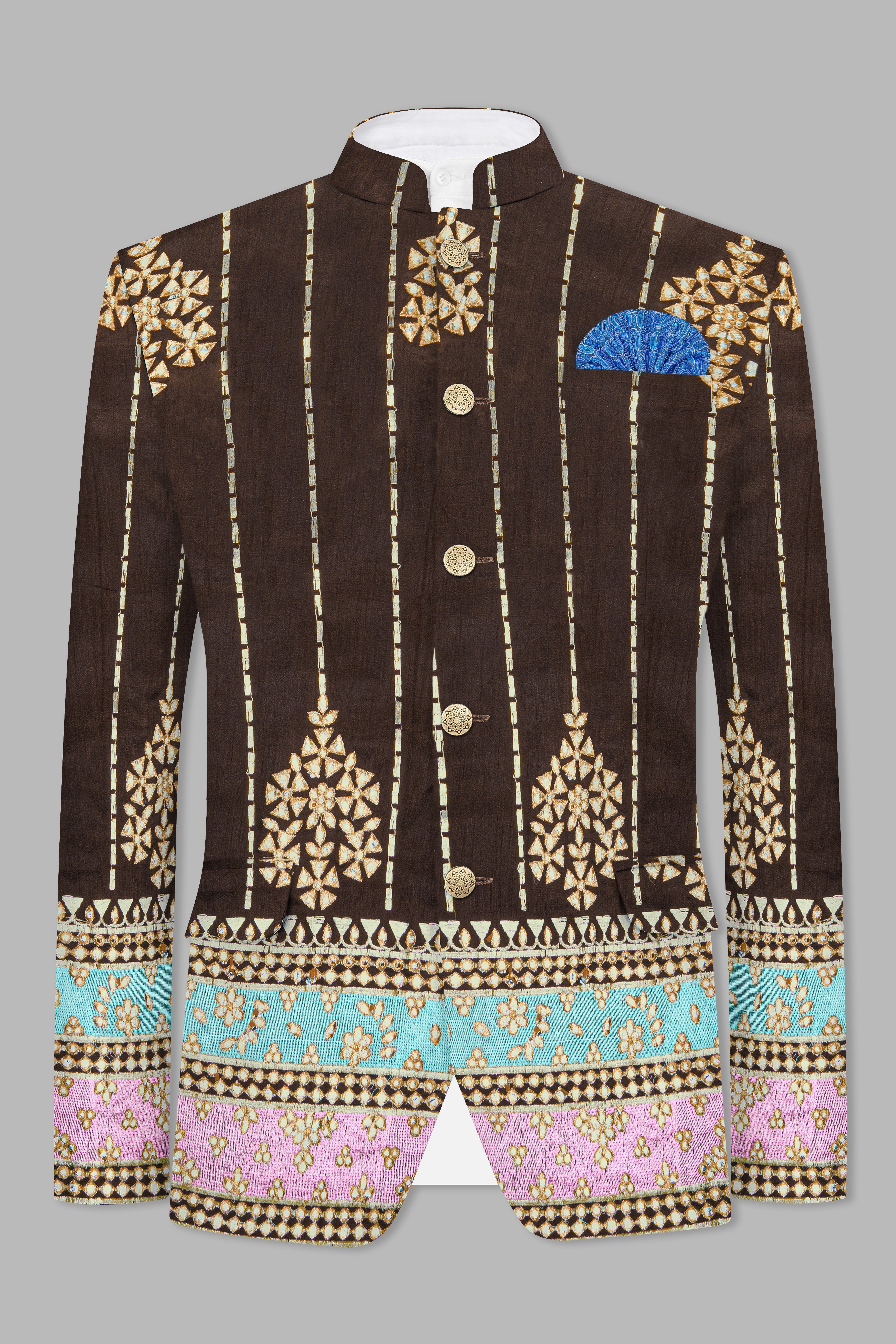 Bistre Brown With Downy Blue and pink Rajputi Embroidered Bandhgala Jodhpuri