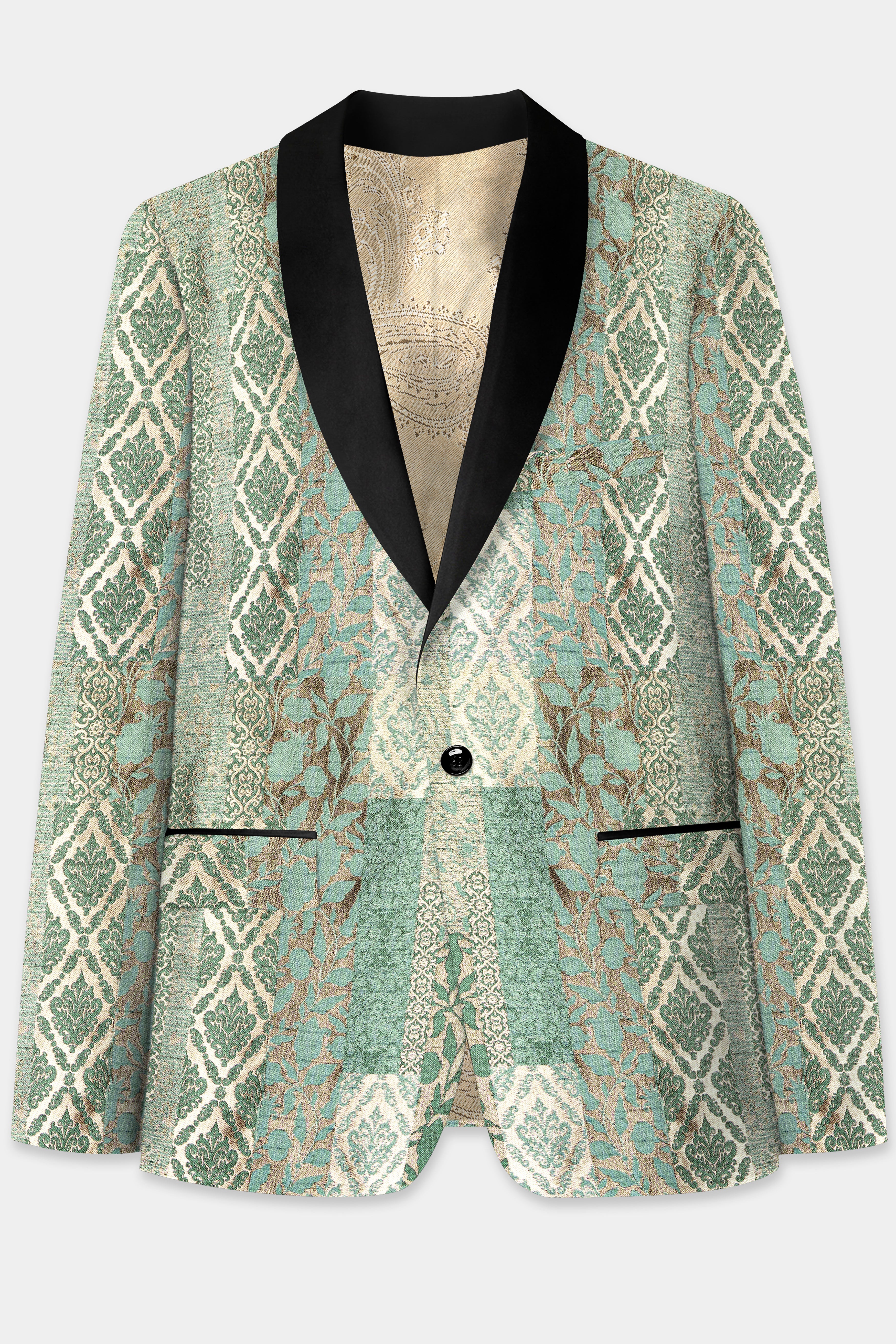 Envy Green and Opium Brown Jacquard Weave Tuxedo Blazer BL3697-BKL-36, BL3697-BKL-38, BL3697-BKL-40, BL3697-BKL-42, BL3697-BKL-44, BL3697-BKL-46, BL3697-BKL-48, BL3697-BKL-50, BL3697-BKL-52, BL3697-BKL-54, BL3697-BKL-56, BL3697-BKL-58, BL3697-BKL-60