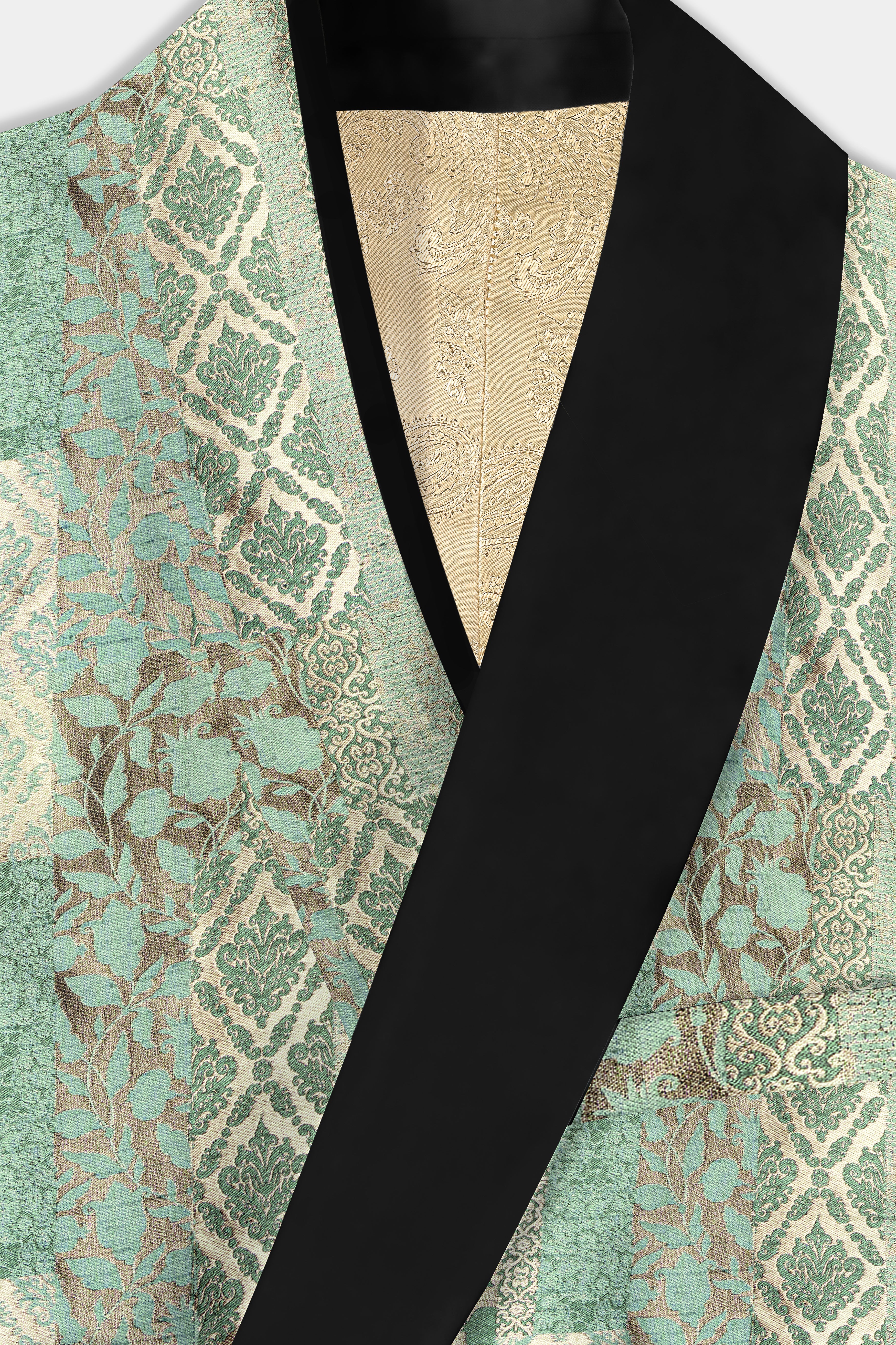 Envy Green and Opium Brown Jacquard Weave Tuxedo Blazer BL3697-BKL-36, BL3697-BKL-38, BL3697-BKL-40, BL3697-BKL-42, BL3697-BKL-44, BL3697-BKL-46, BL3697-BKL-48, BL3697-BKL-50, BL3697-BKL-52, BL3697-BKL-54, BL3697-BKL-56, BL3697-BKL-58, BL3697-BKL-60