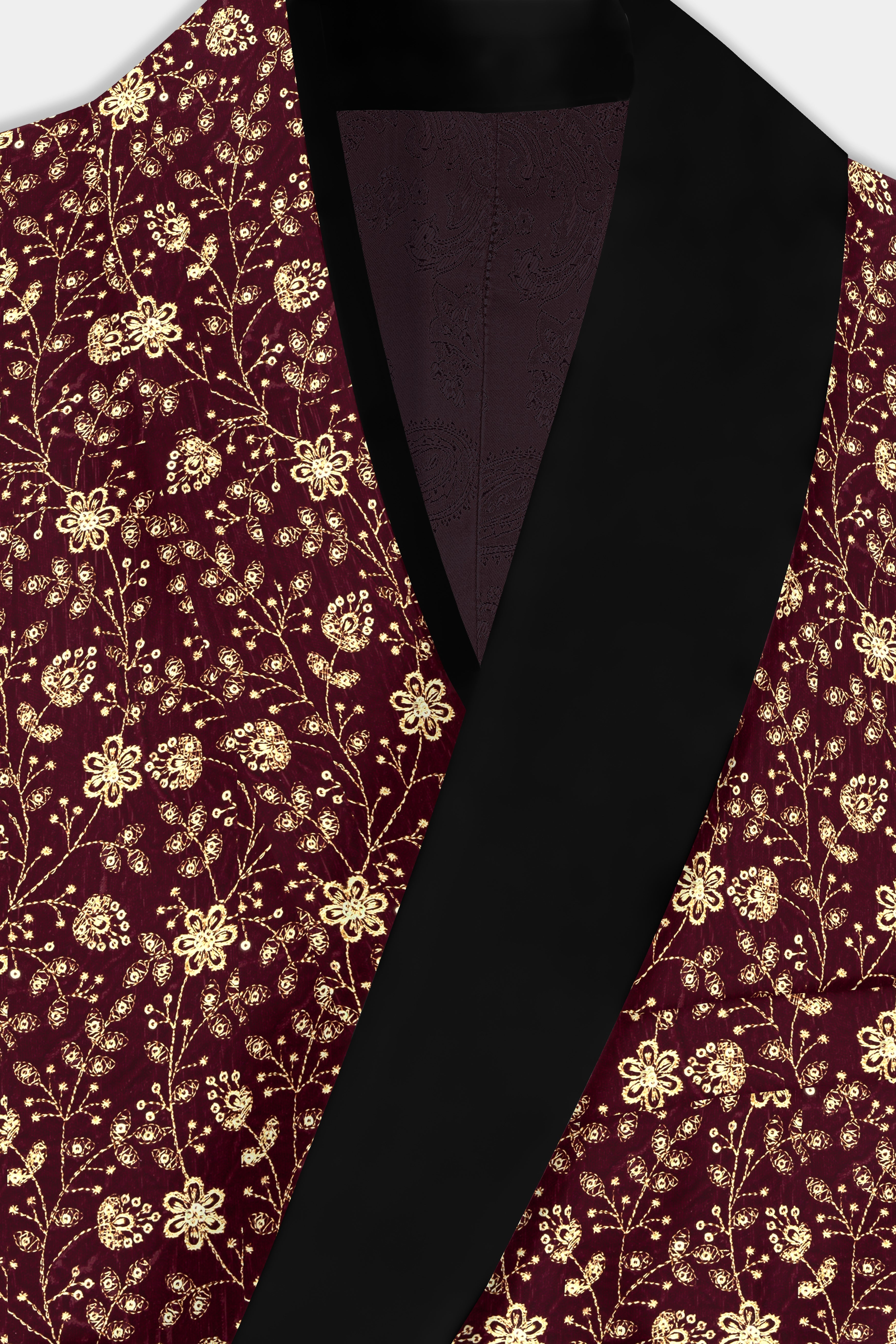 Temptress Maroon Floral Golden Thread Embroidered Tuxedo Blazer BL3700-BKL-36, BL3700-BKL-38, BL3700-BKL-40, BL3700-BKL-42, BL3700-BKL-44, BL3700-BKL-46, BL3700-BKL-48, BL3700-BKL-50, BL3700-BKL-52, BL3700-BKL-54, BL3700-BKL-56, BL3700-BKL-58, BL3700-BKL-60