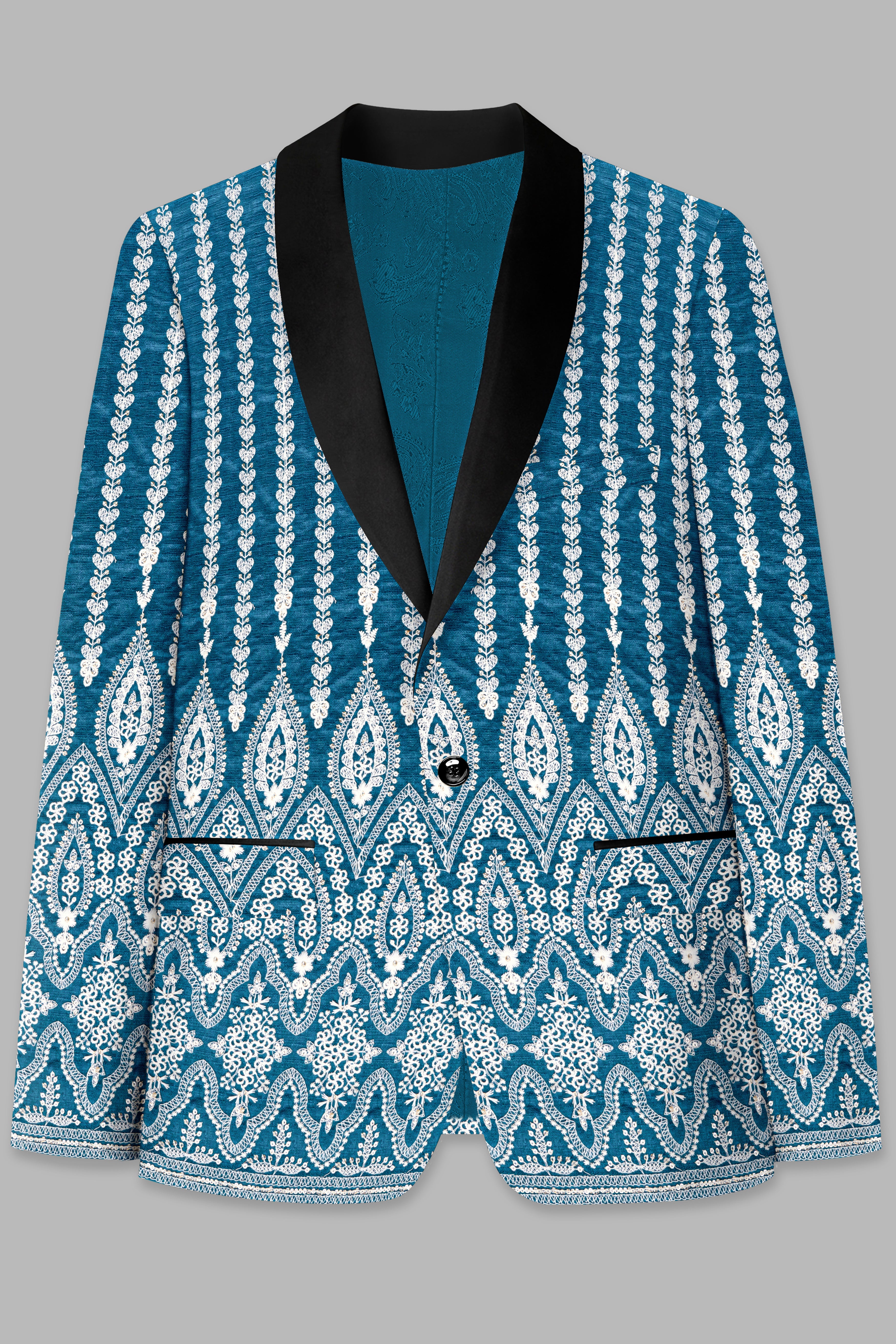 Cerulean Blue and White Thread Embroidered Tuxedo Blazer BL3720-BKL-36, BL3720-BKL-38, BL3720-BKL-40, BL3720-BKL-42, BL3720-BKL-44, BL3720-BKL-46, BL3720-BKL-48, BL3720-BKL-50, BL3720-BKL-52, BL3720-BKL-54, BL3720-BKL-56, BL3720-BKL-58, BL3720-BKL-60