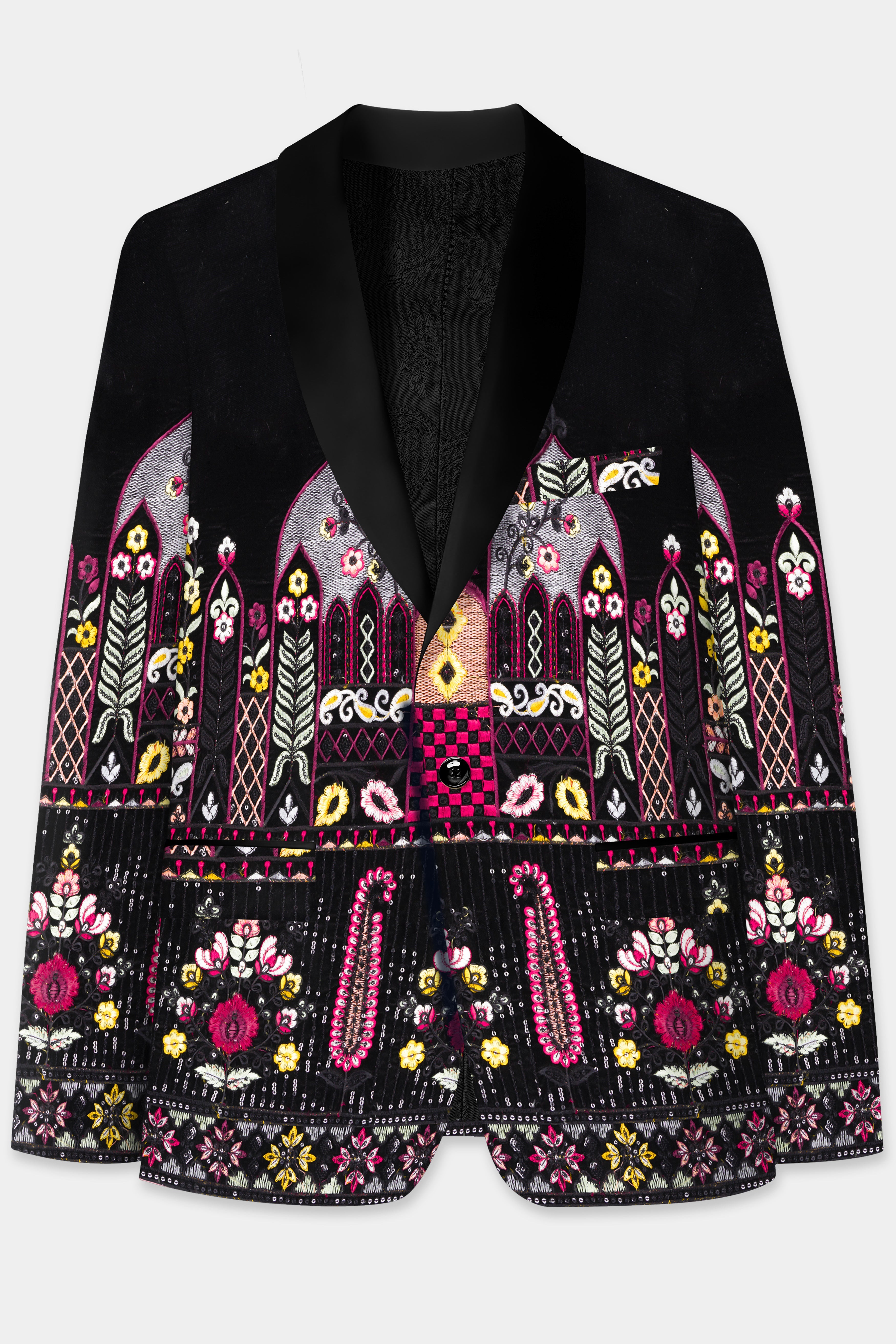 Jade Black and Crimson Pink Multicolour Floral Thread Embroidered Tuxedo Blazer BL3731-BKL-36, BL3731-BKL-38, BL3731-BKL-40, BL3731-BKL-42, BL3731-BKL-44, BL3731-BKL-46, BL3731-BKL-48, BL3731-BKL-50, BL3731-BKL-52, BL3731-BKL-54, BL3731-BKL-56, BL3731-BKL-58, BL3731-BKL-60