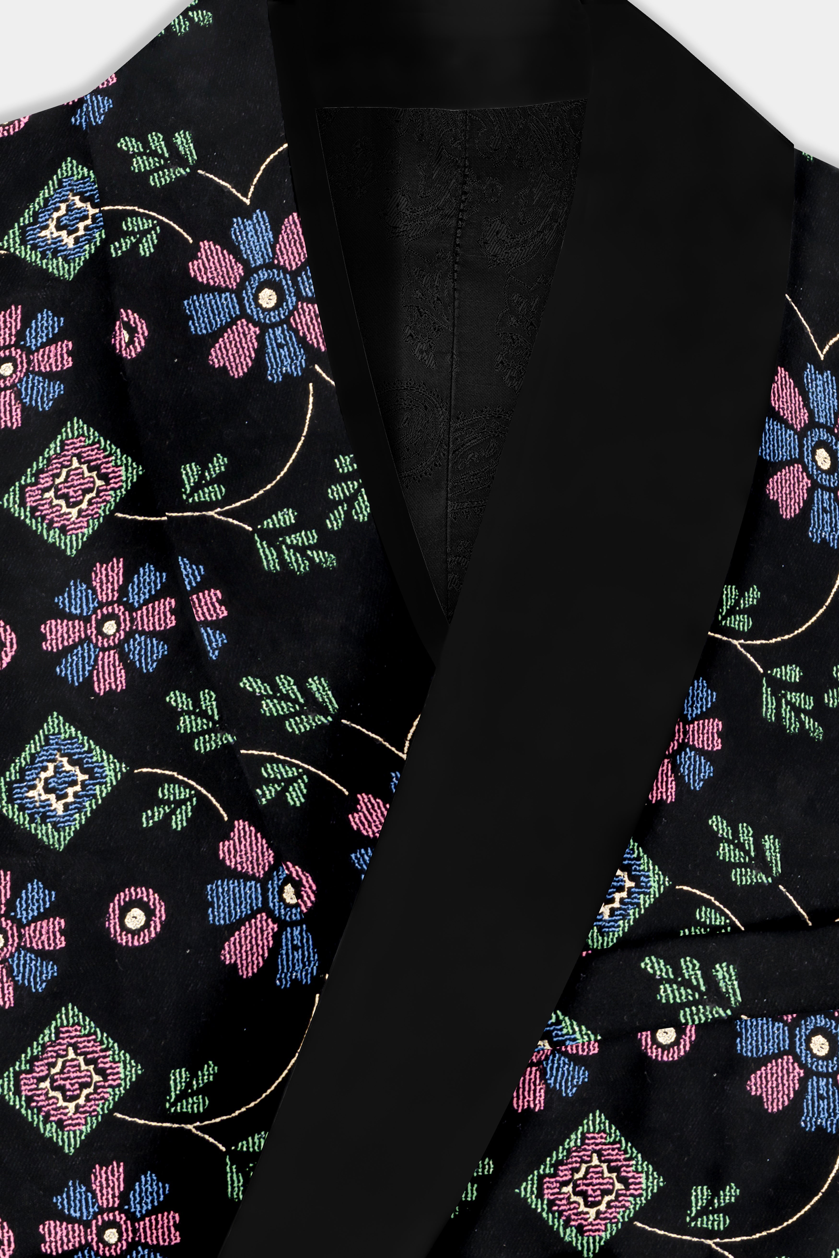 Jade Black and Glade Green Multicolour Floral Jacquard Weave Tuxedo Blazer BL3734-BKL-36, BL3734-BKL-38, BL3734-BKL-40, BL3734-BKL-42, BL3734-BKL-44, BL3734-BKL-46, BL3734-BKL-48, BL3734-BKL-50, BL3734-BKL-52, BL3734-BKL-54, BL3734-BKL-56, BL3734-BKL-58, BL3734-BKL-60