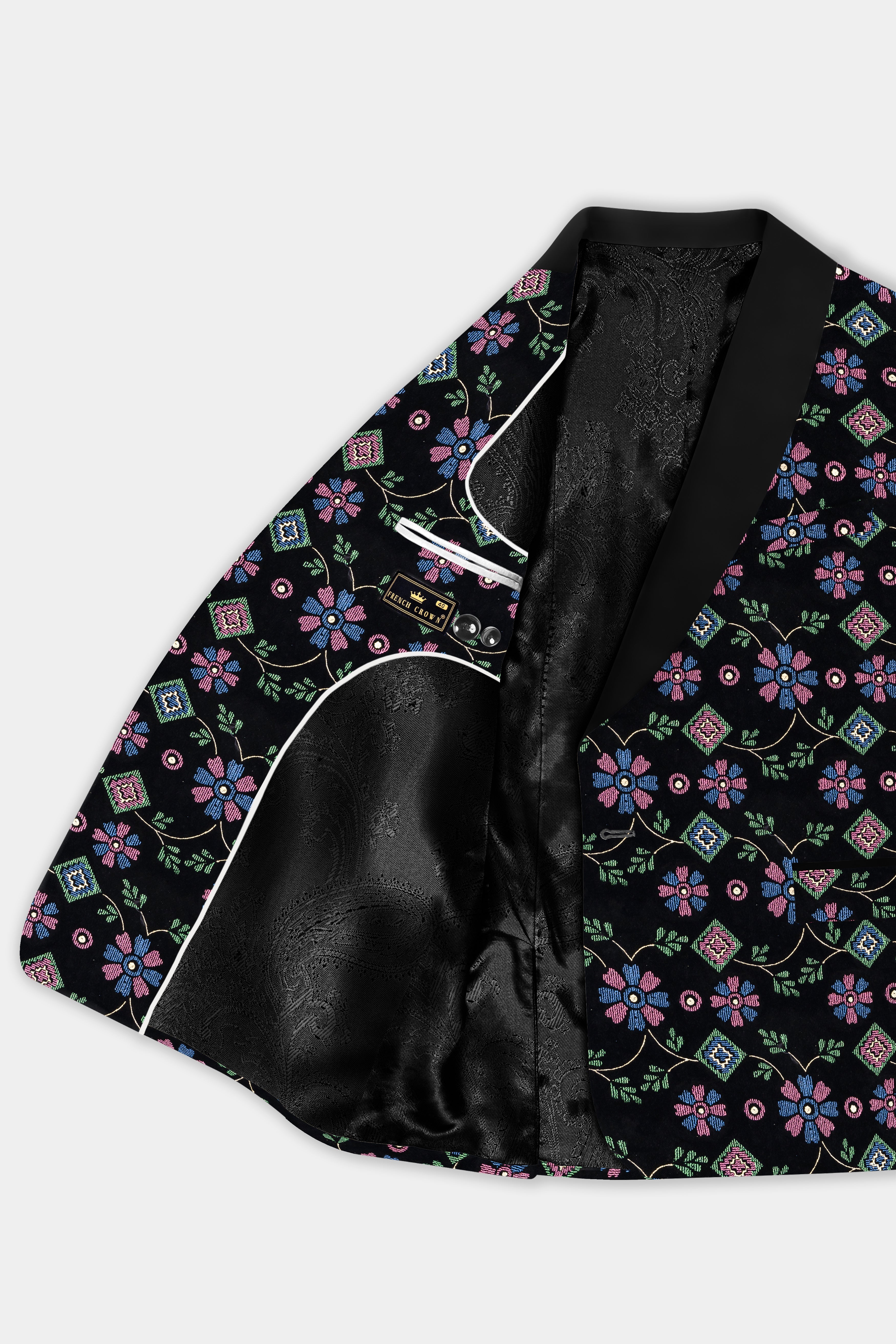 Jade Black and Glade Green Multicolour Floral Jacquard Weave Tuxedo Blazer BL3734-BKL-36, BL3734-BKL-38, BL3734-BKL-40, BL3734-BKL-42, BL3734-BKL-44, BL3734-BKL-46, BL3734-BKL-48, BL3734-BKL-50, BL3734-BKL-52, BL3734-BKL-54, BL3734-BKL-56, BL3734-BKL-58, BL3734-BKL-60