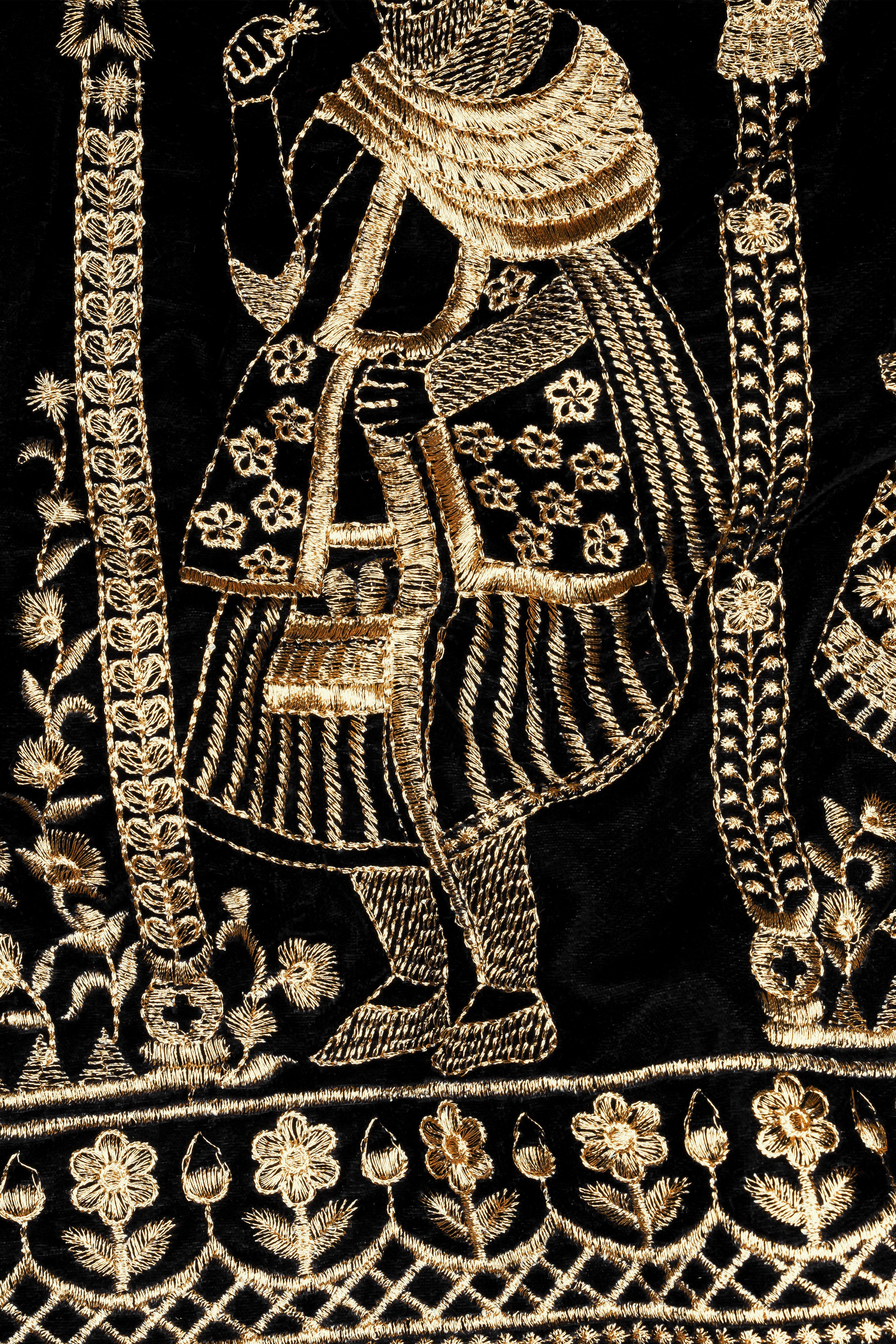 Jade Black Mughal Empire Embroidered Printed Peak Collar Tuxedo Blazer