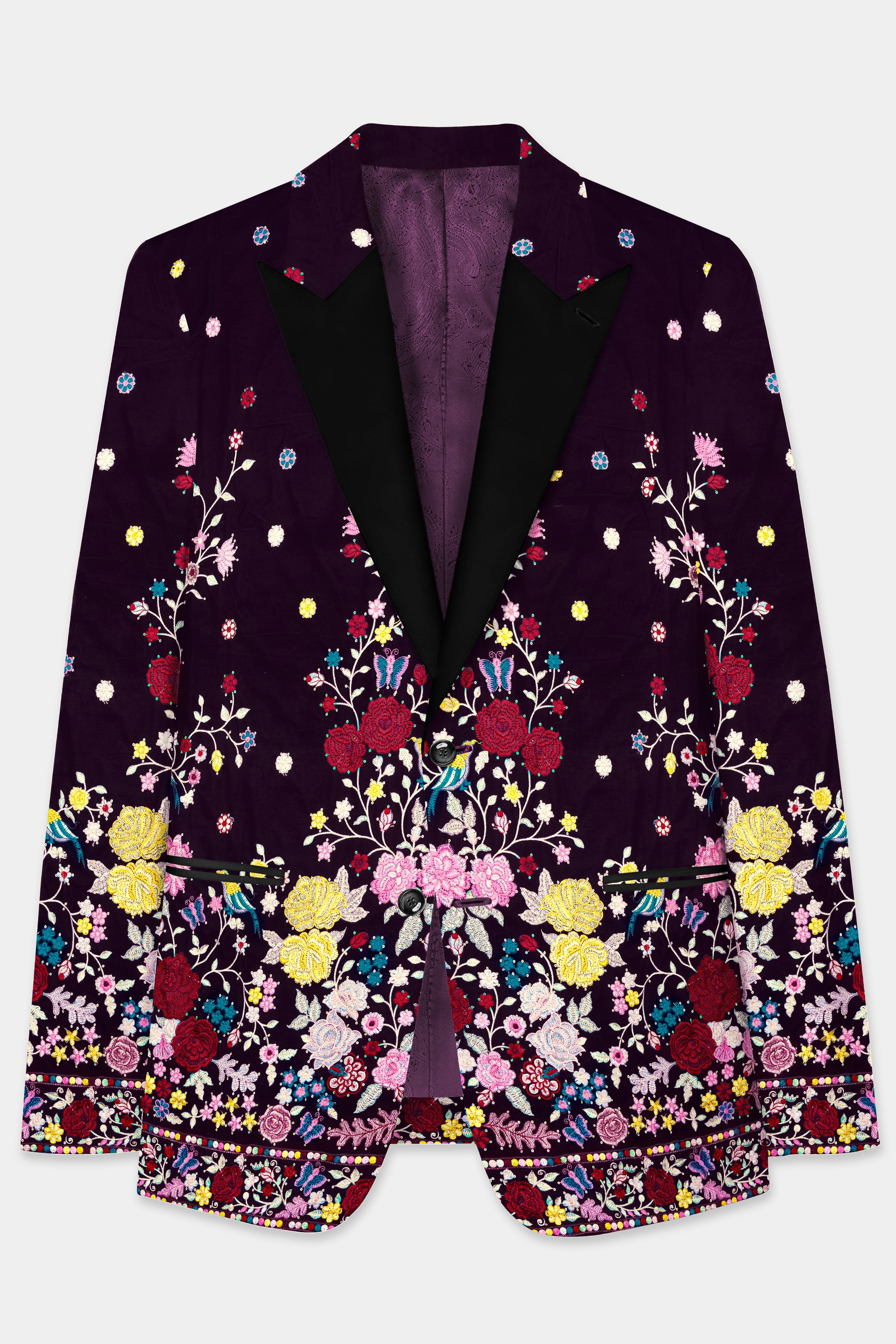 Melanzane Purple Multicolor Embroidered Printed Peak Collar Tuxedo Blazer
