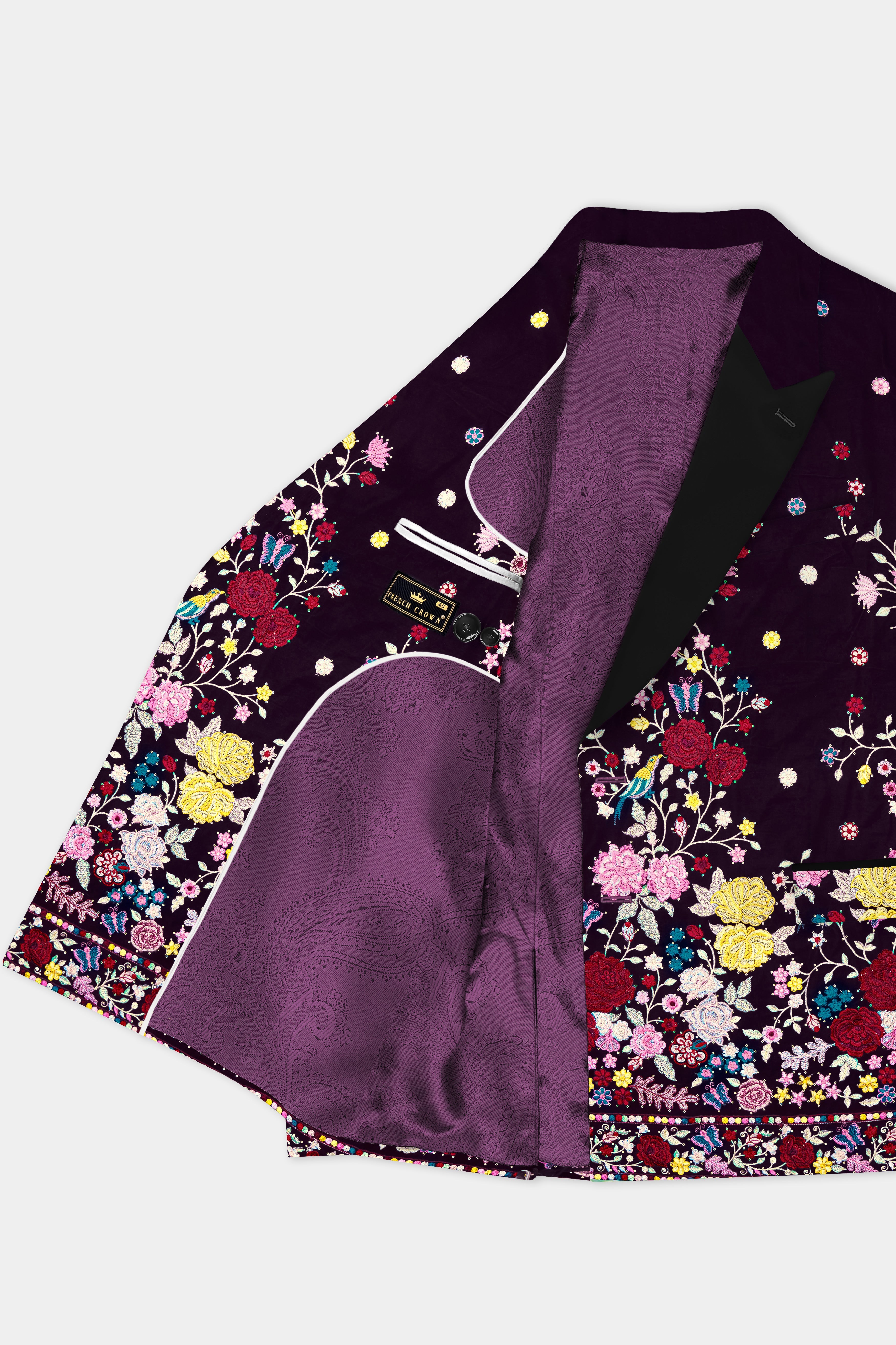 Melanzane Purple Multicolor Embroidered Printed Peak Collar Tuxedo Blazer