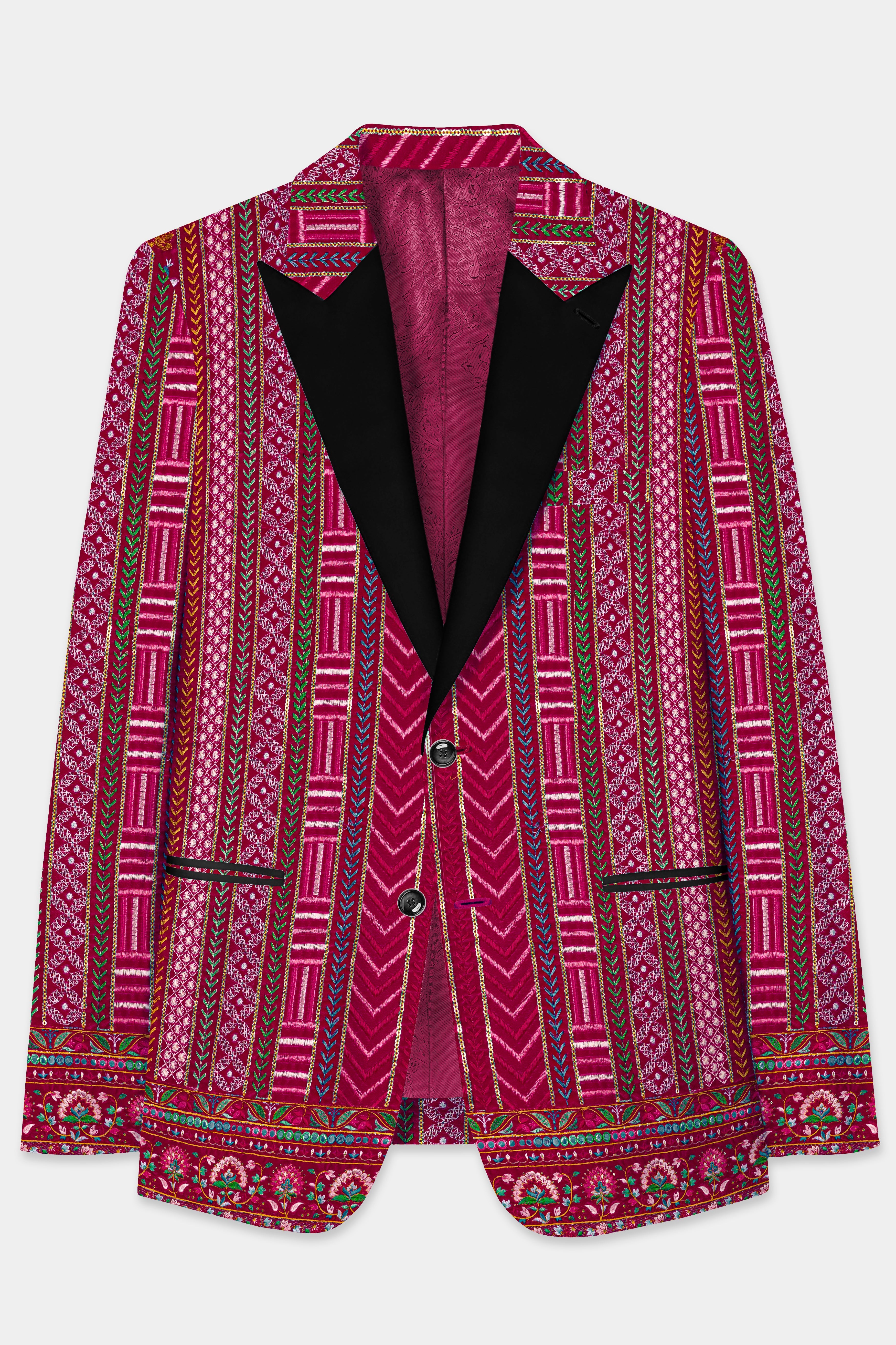 Merlot Pink sequin and Multicolor thread Embroidered Velvet Peak Collar Tuxedo Blazer